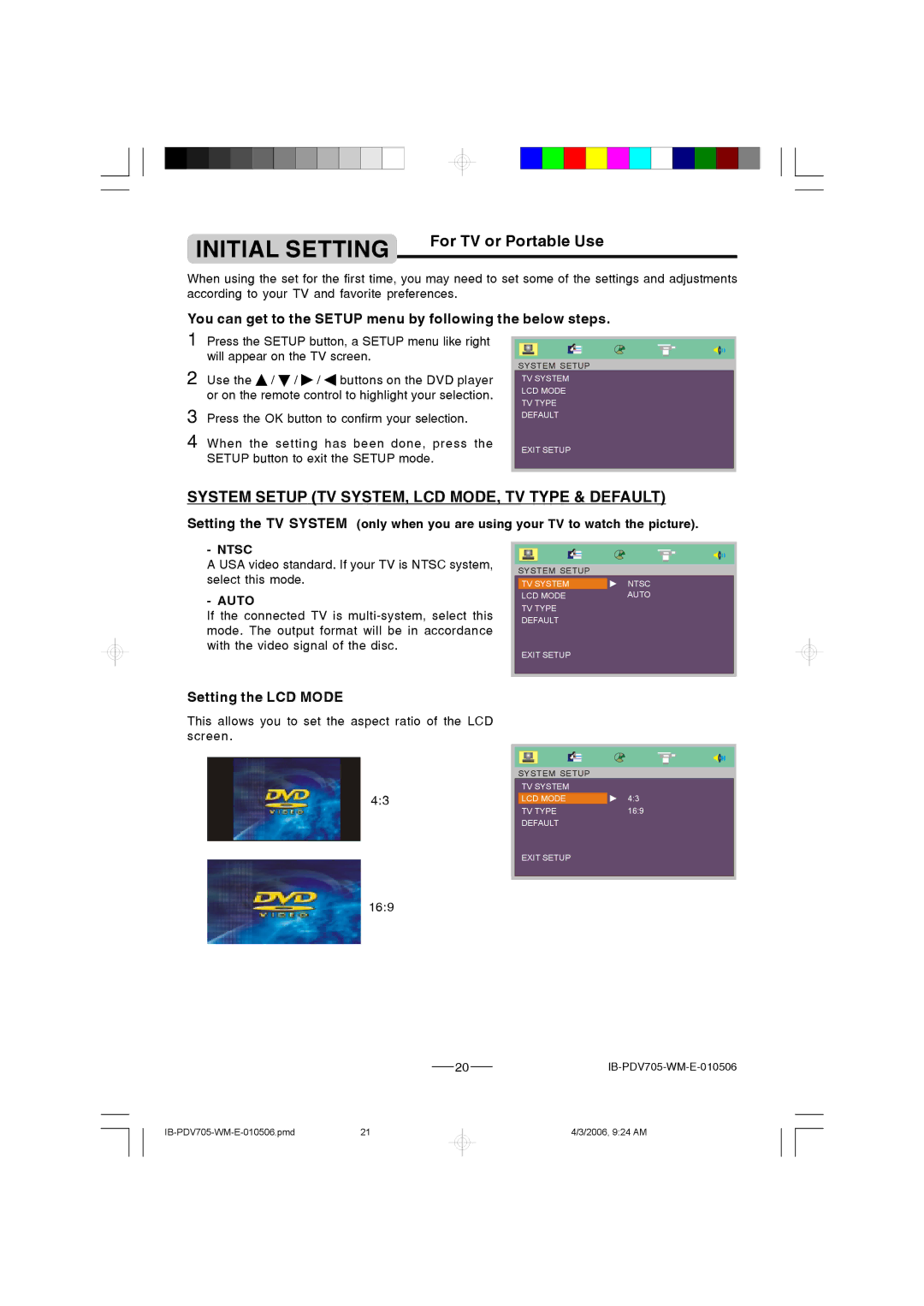 Lenoxx Electronics PDV-705 Initial Setting, For TV or Portable Use, System Setup TV SYSTEM, LCD MODE, TV Type & Default 