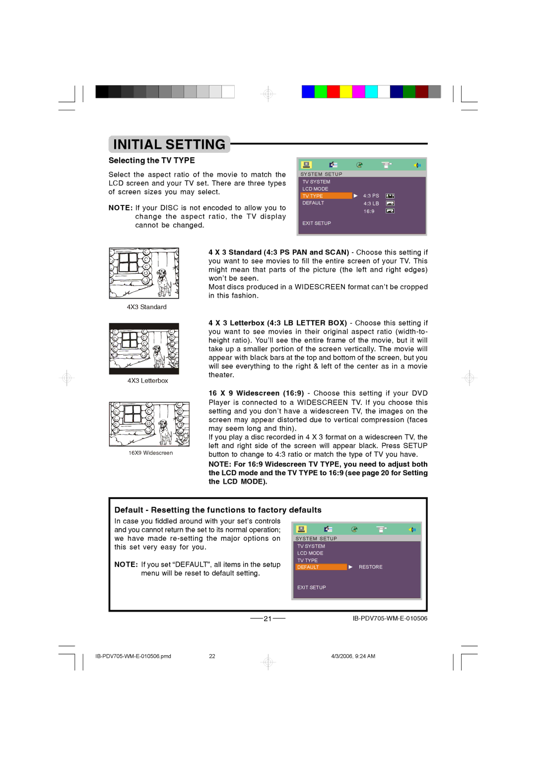 Lenoxx Electronics PDV-705 instruction manual Selecting the TV Type, Default Resetting the functions to factory defaults 