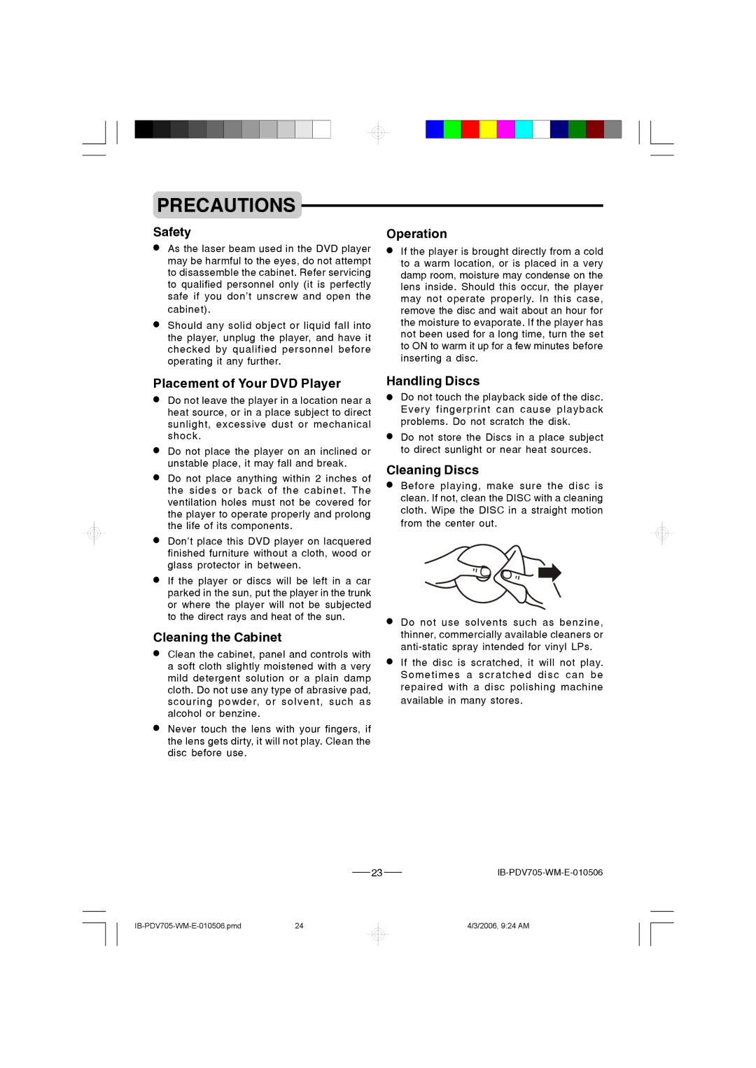 Lenoxx Electronics PDV-705 instruction manual Precautions 