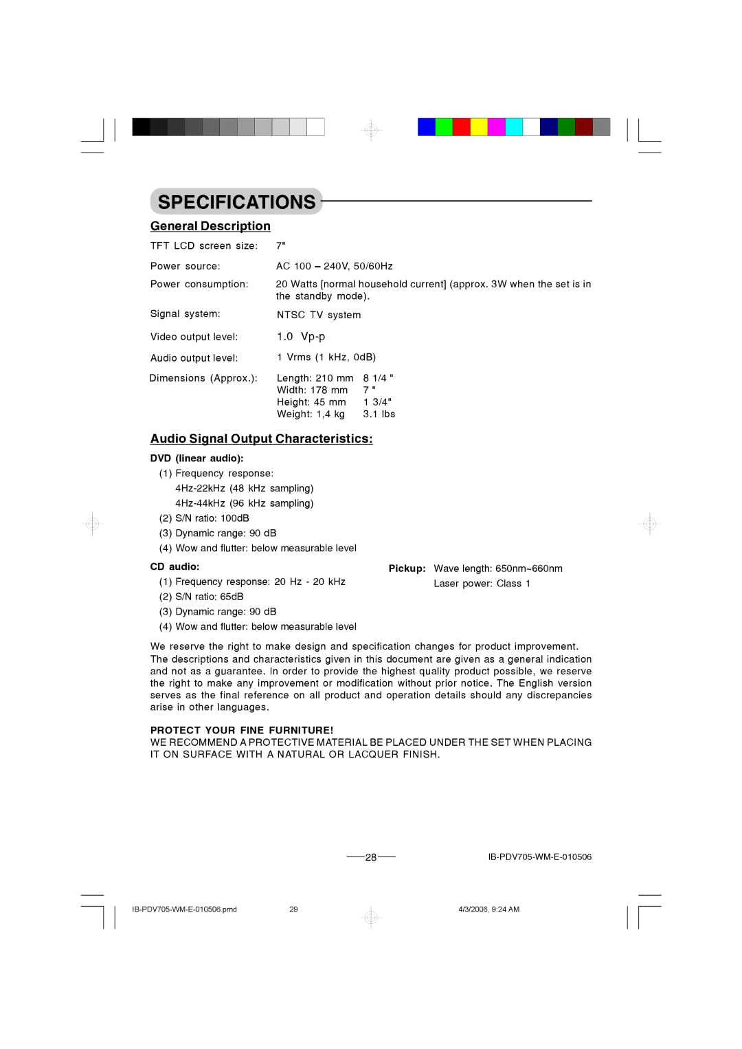 Lenoxx Electronics PDV-705 instruction manual Specifications, General Description, Audio Signal Output Characteristics 