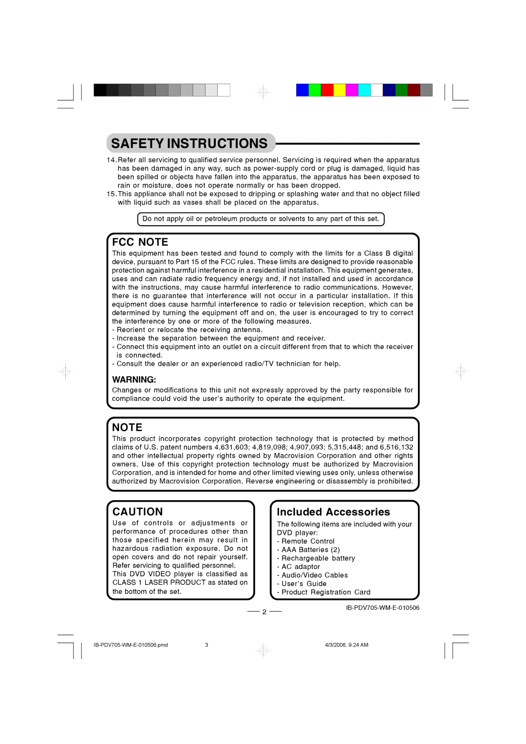 Lenoxx Electronics PDV-705 instruction manual FCC Note 