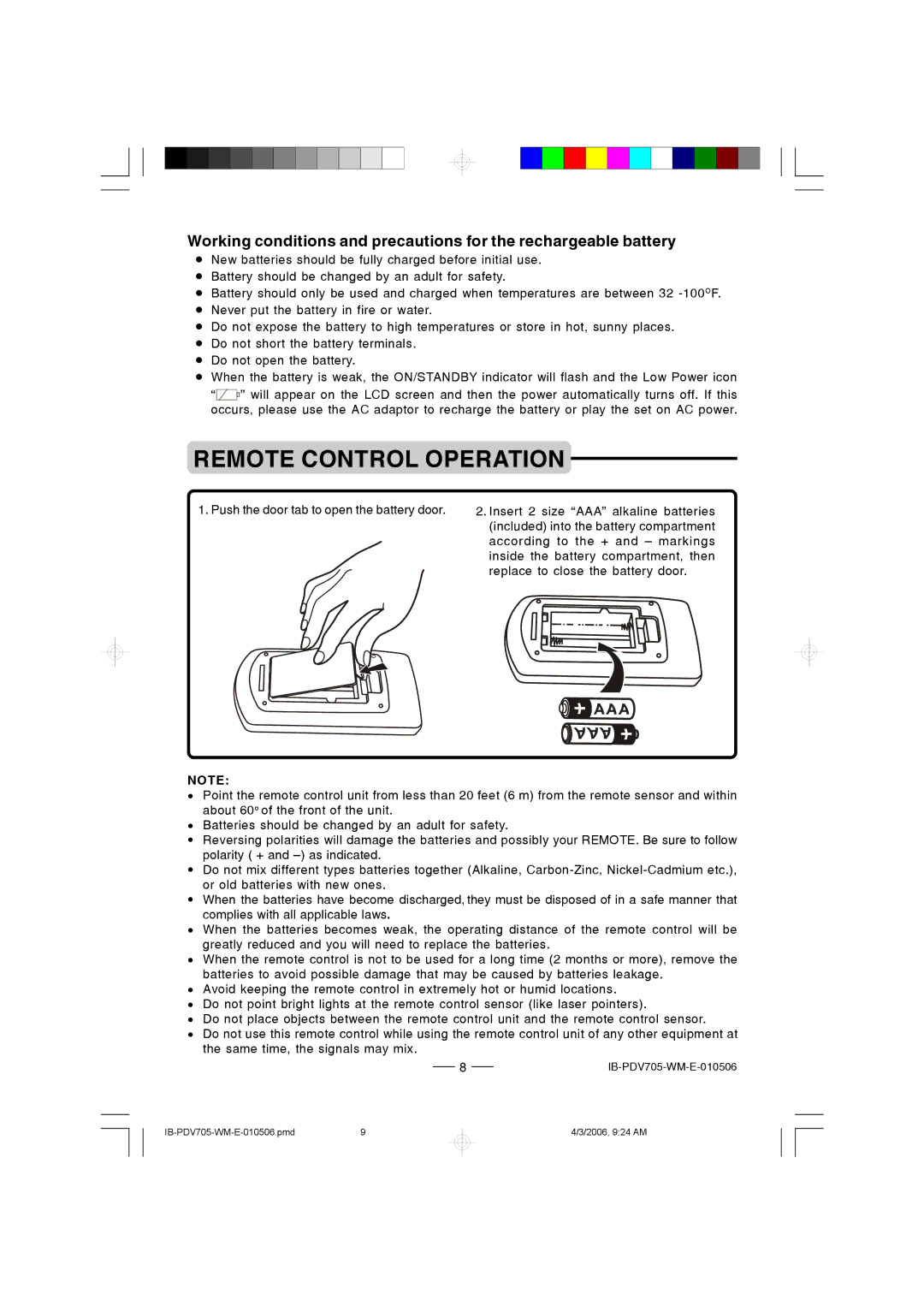 Lenoxx Electronics PDV-705 instruction manual Remote Control Operation 