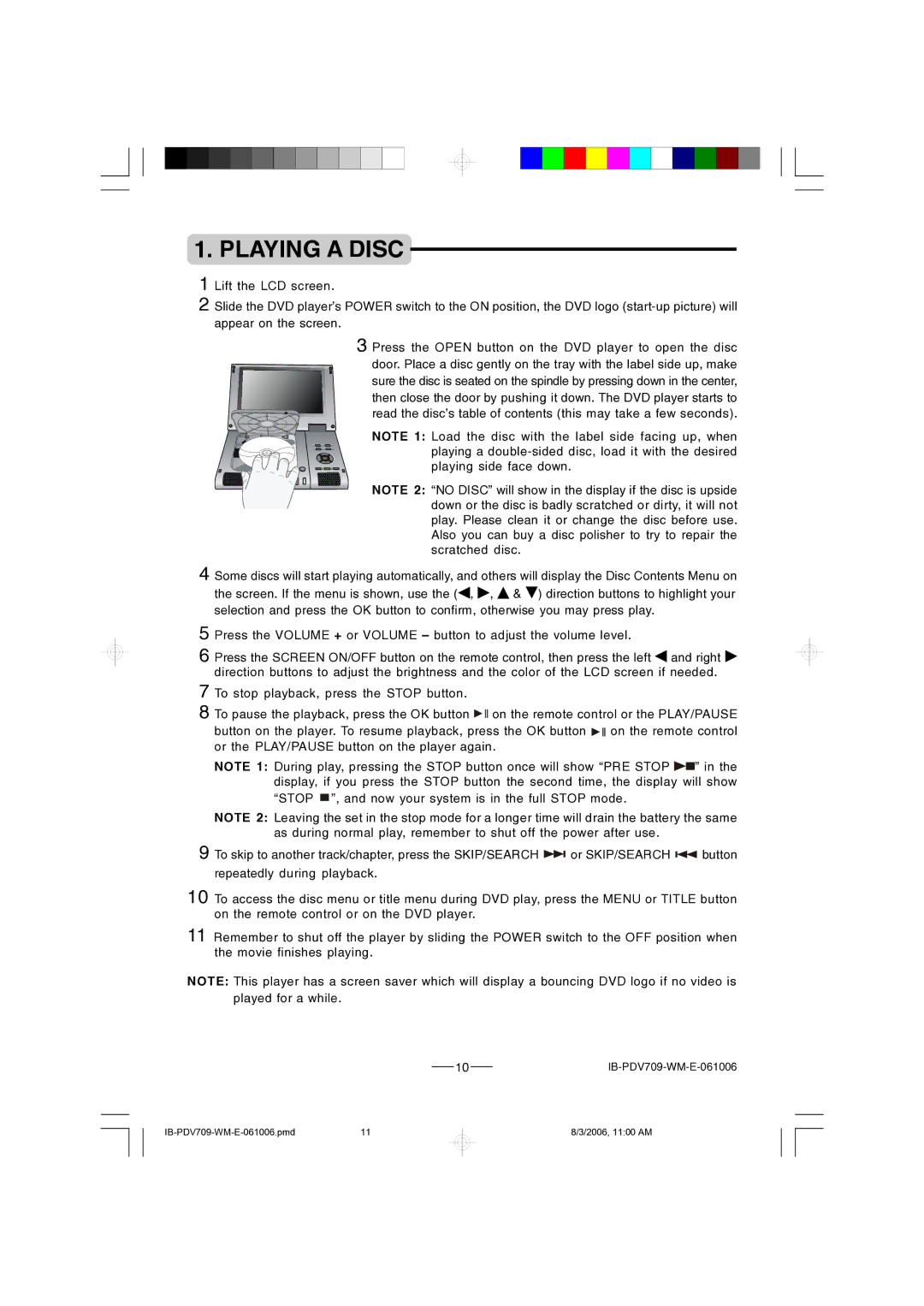 Lenoxx Electronics PDV-709 instruction manual Playing a Disc 