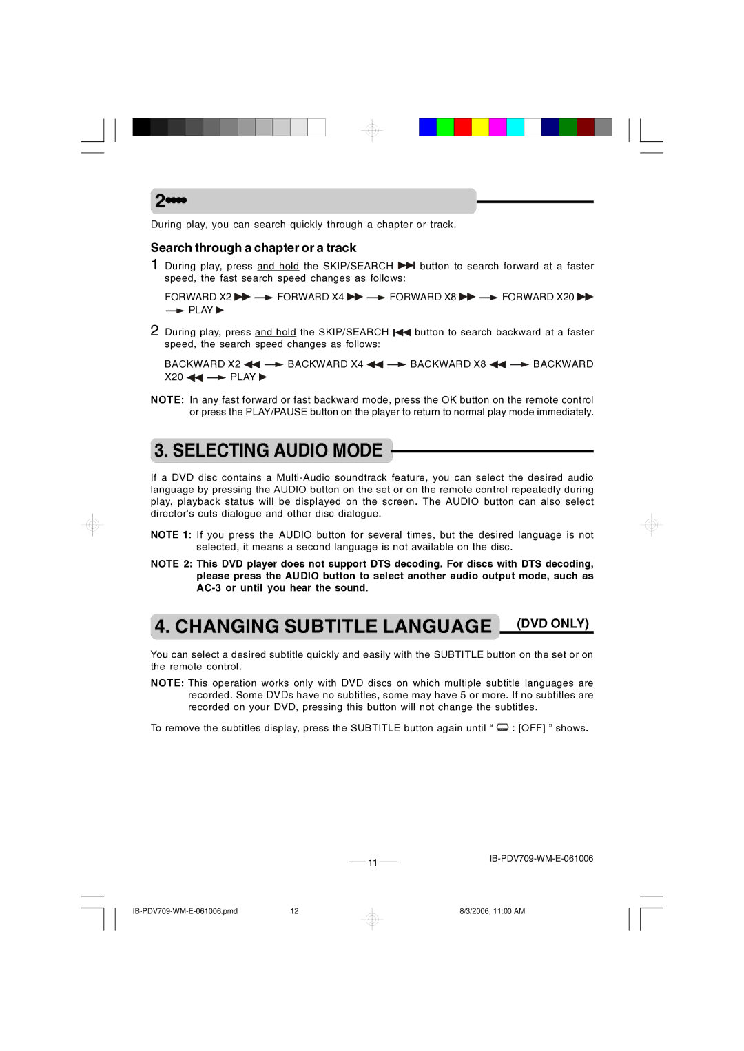 Lenoxx Electronics PDV-709 Using the Search Functions, Selecting Audio Mode, Changing Subtitle Language DVD only 