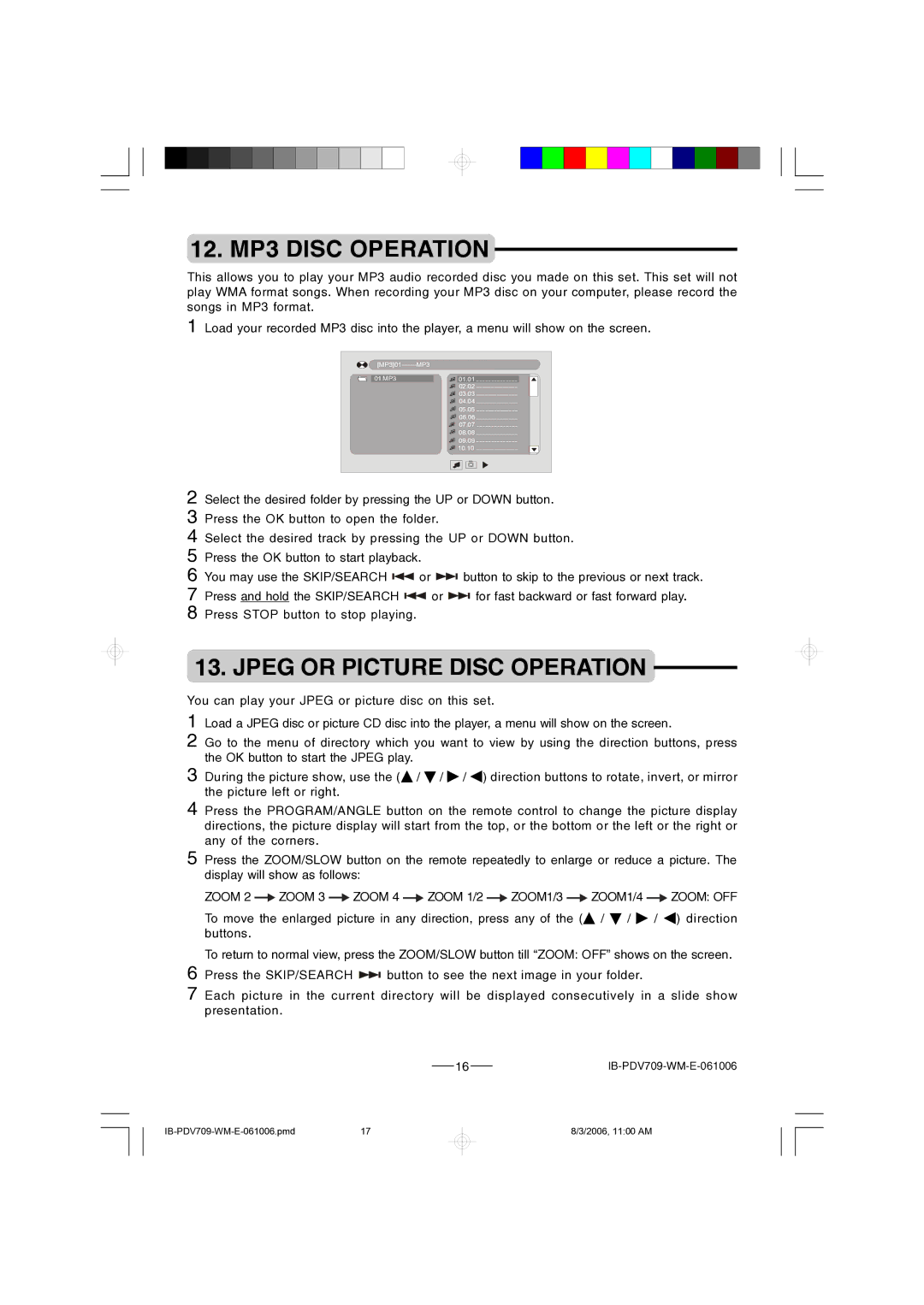 Lenoxx Electronics PDV-709 instruction manual 12. MP3 Disc Operation, Jpeg or Picture Disc Operation 