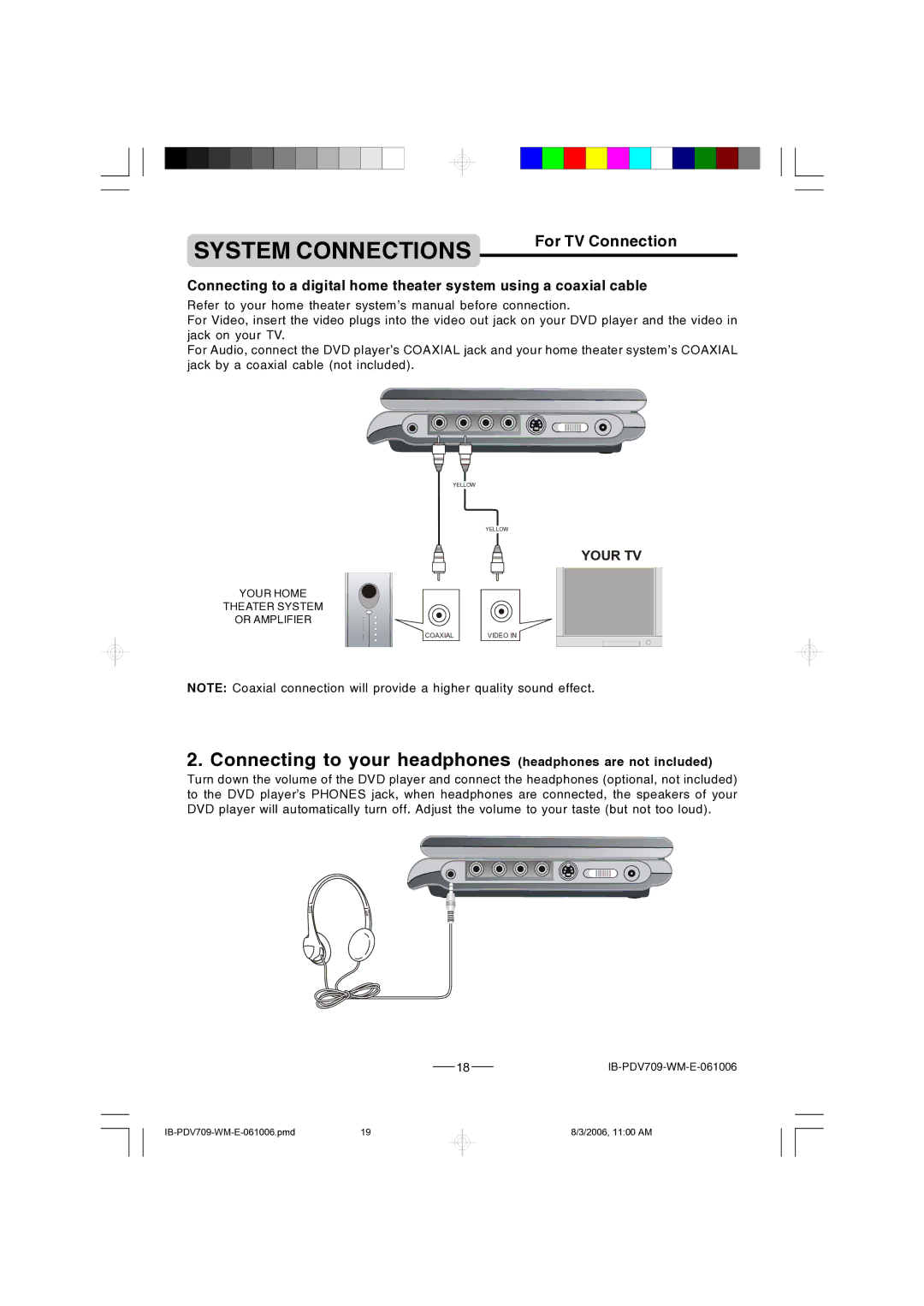 Lenoxx Electronics PDV-709 instruction manual System Connections, For TV Connection 