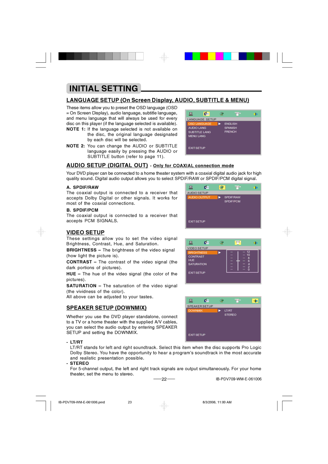 Lenoxx Electronics PDV-709 instruction manual Language Setup On Screen Display, AUDIO, Subtitle & Menu, Video Setup 