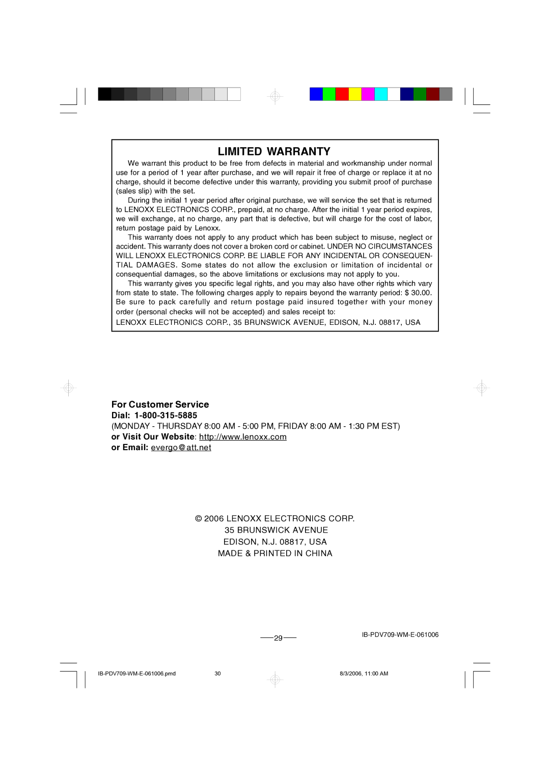 Lenoxx Electronics PDV-709 instruction manual For Customer Service, Dial 