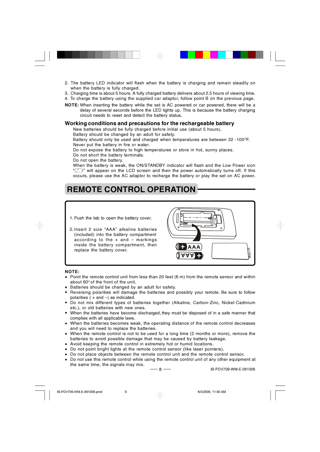 Lenoxx Electronics PDV-709 instruction manual Remote Control Operation 