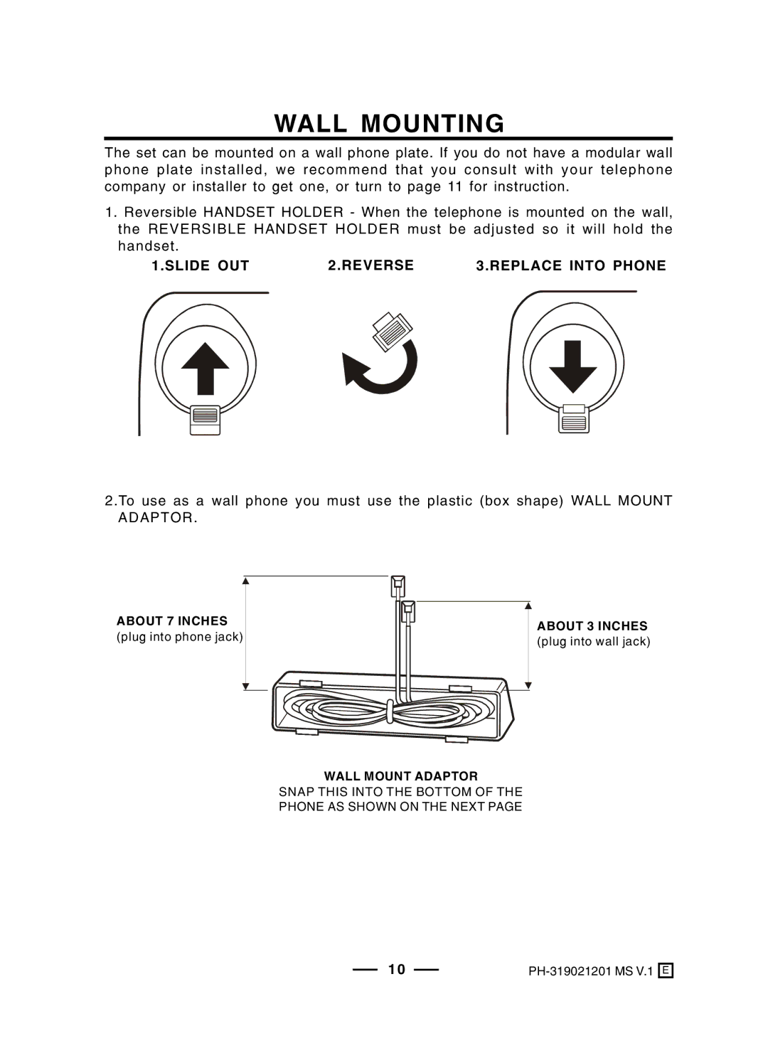 Lenoxx Electronics PH-319P, PH-319R operating instructions Wall Mounting, Slide OUT Reverse Replace Into Phone 