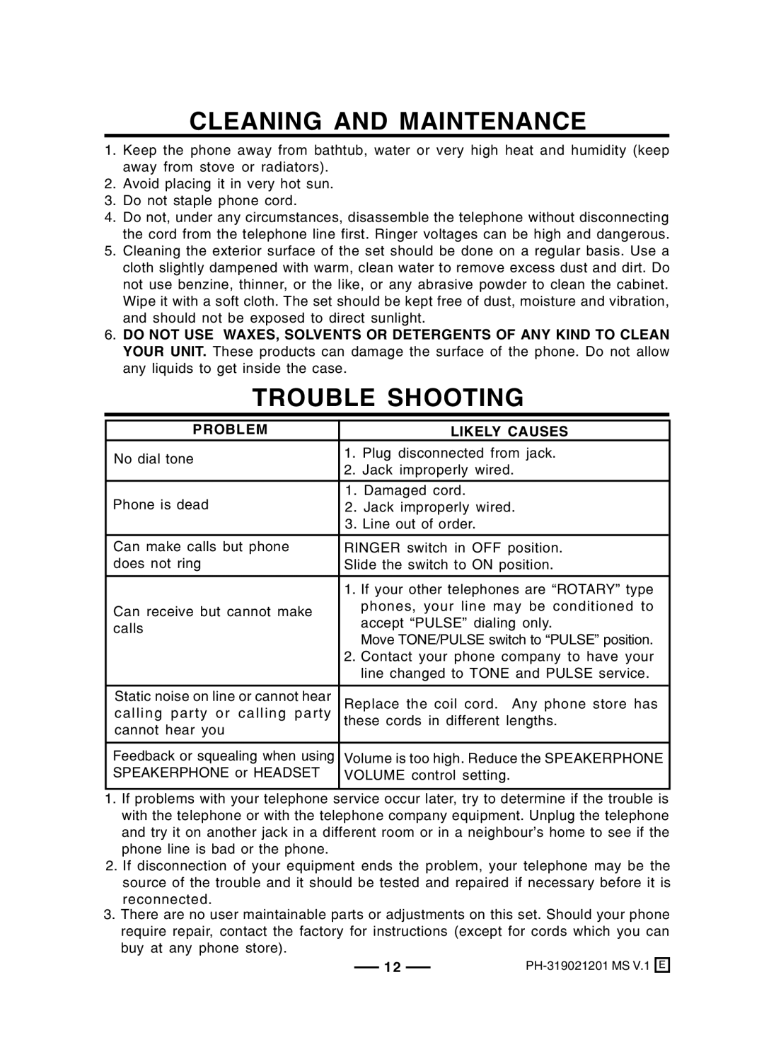 Lenoxx Electronics PH-319R, PH-319P operating instructions Cleaning and Maintenance, Trouble Shooting, Problem Likely Causes 