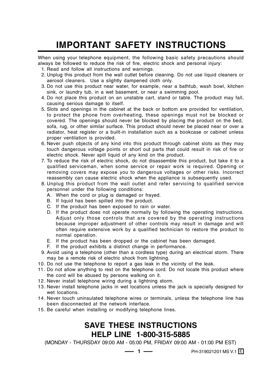 Lenoxx Electronics PH-319P, PH-319R operating instructions Important Safety Instructions, Help Line 