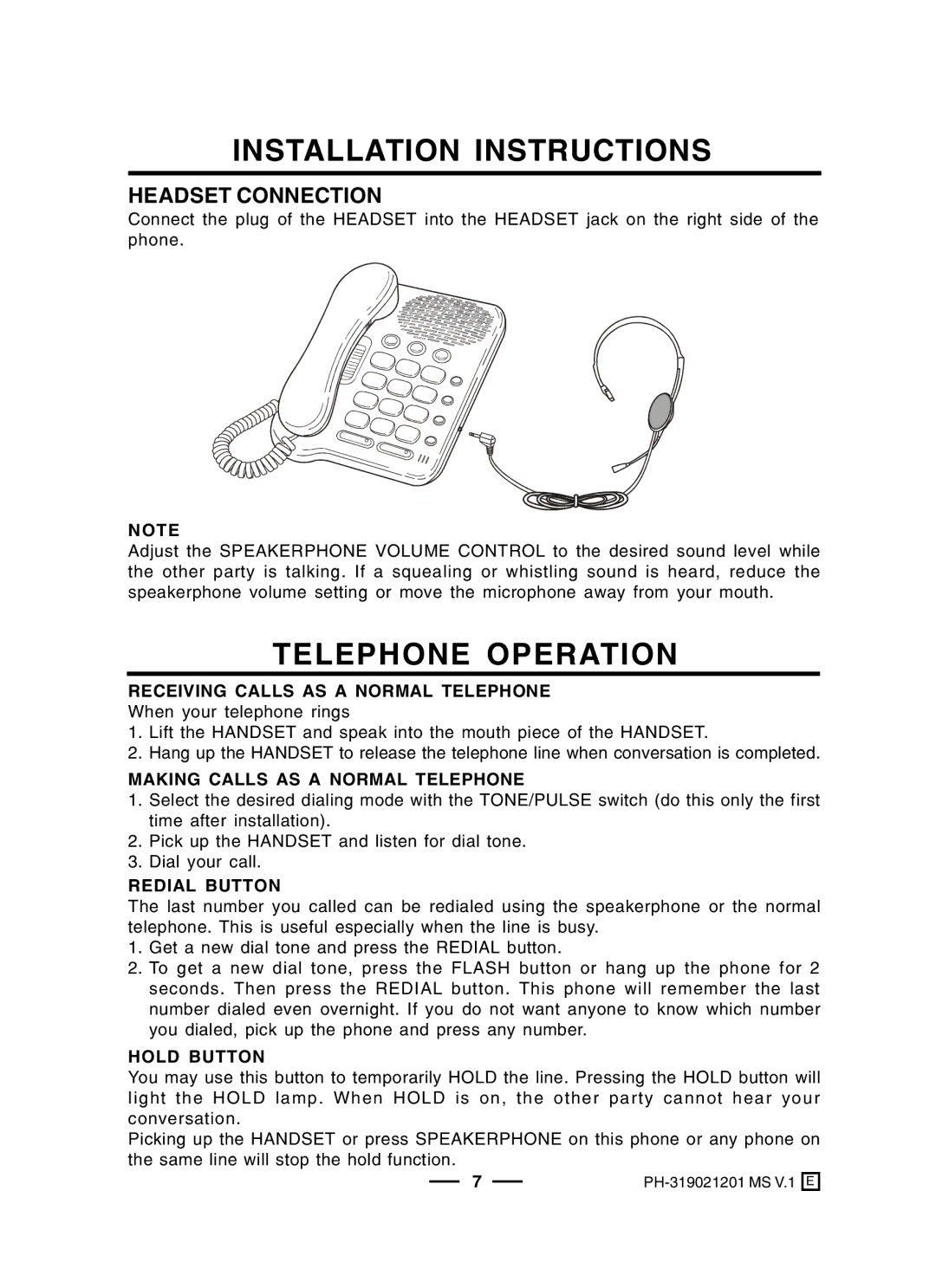 Lenoxx Electronics PH-319P Telephone Operation, Headset Connection, Receiving Calls AS a Normal Telephone, Hold Button 