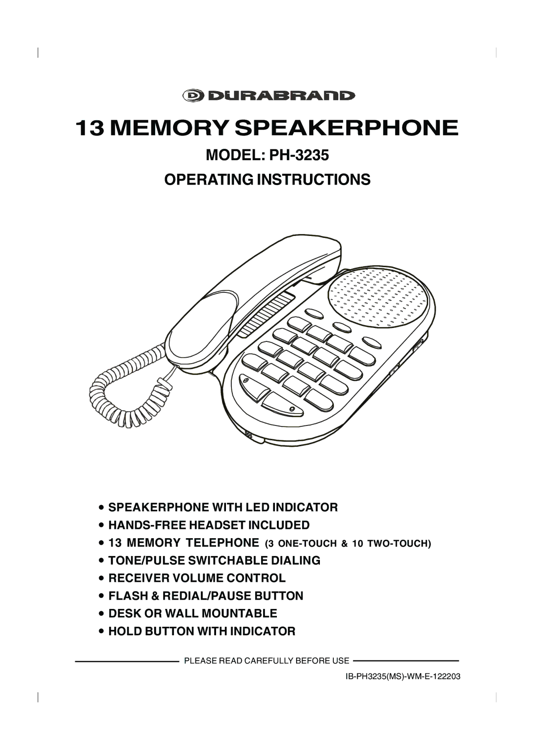 Lenoxx Electronics PH-3235 operating instructions Speakerphone with LED Indicator HANDS-FREE Headset Included 