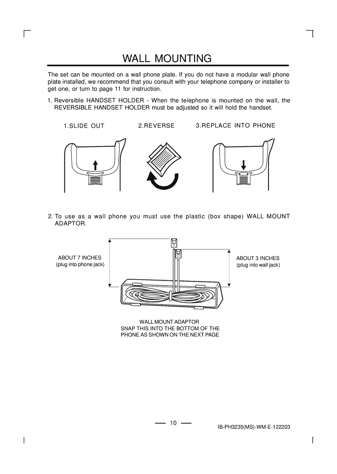 Lenoxx Electronics PH-3235 operating instructions Wall Mounting, Slide OUT Reverse Replace Into Phone 