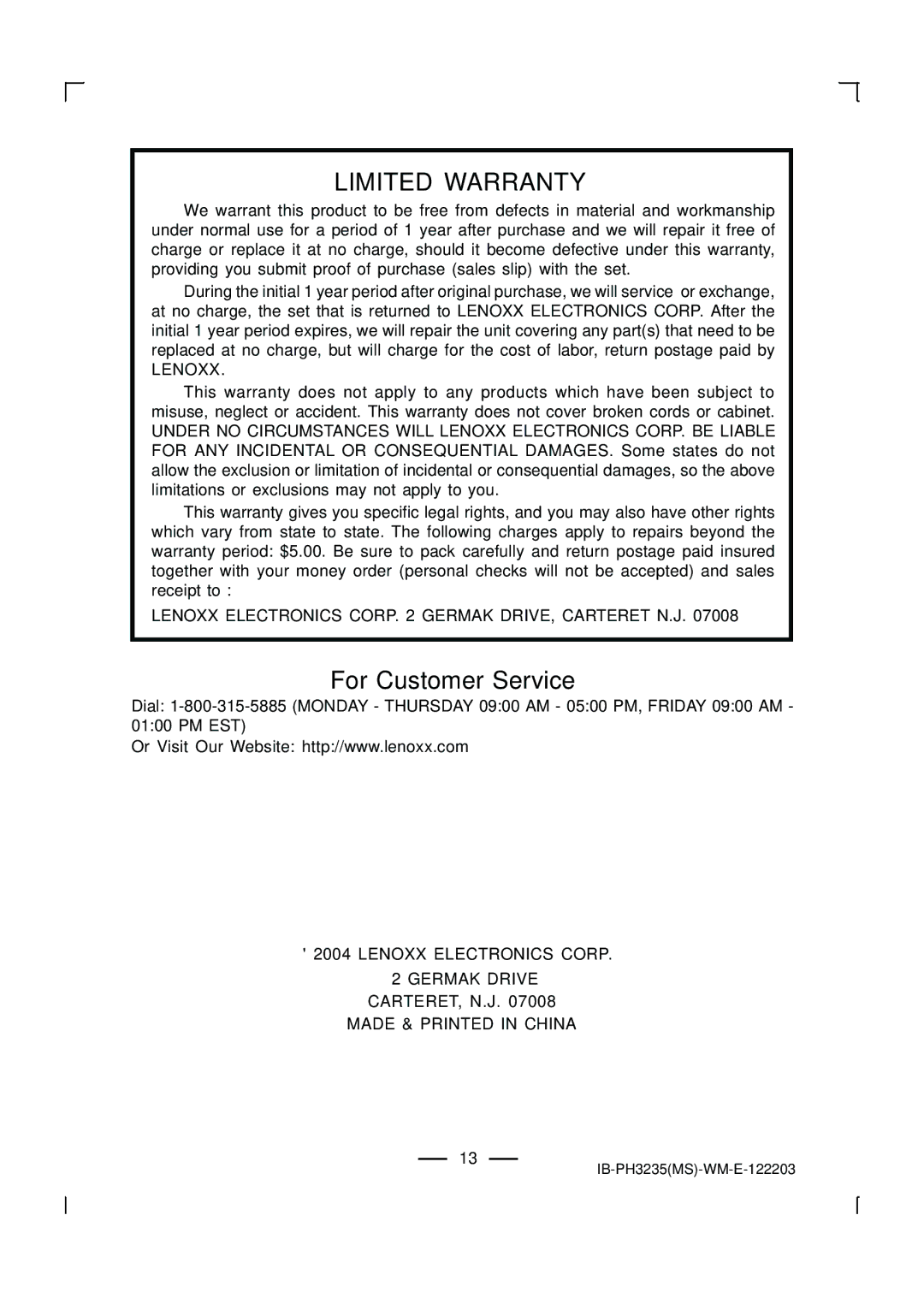 Lenoxx Electronics PH-3235 Lenoxx Electronics Corp Germak DRIVE, Carteret N.J, Lenoxx Electronics Corp Germak Drive 