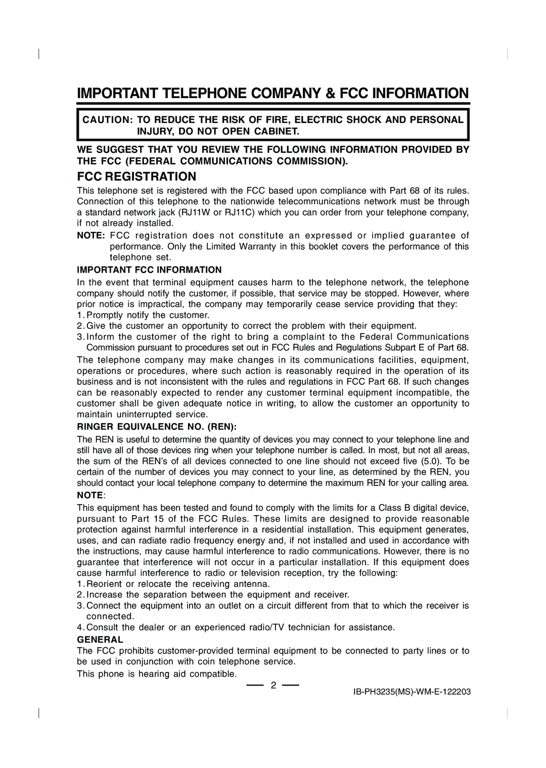 Lenoxx Electronics PH-3235 operating instructions Important Telephone Company & FCC Information, FCC Registration 