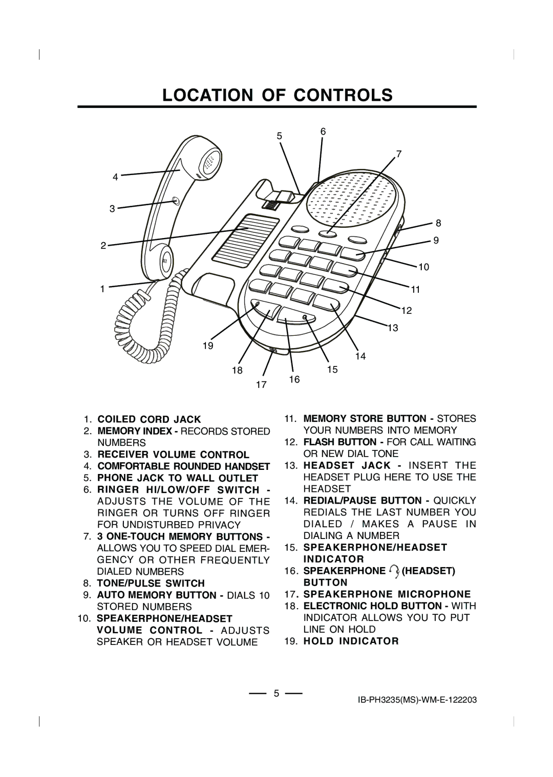 Lenoxx Electronics PH-3235 operating instructions Location of Controls 