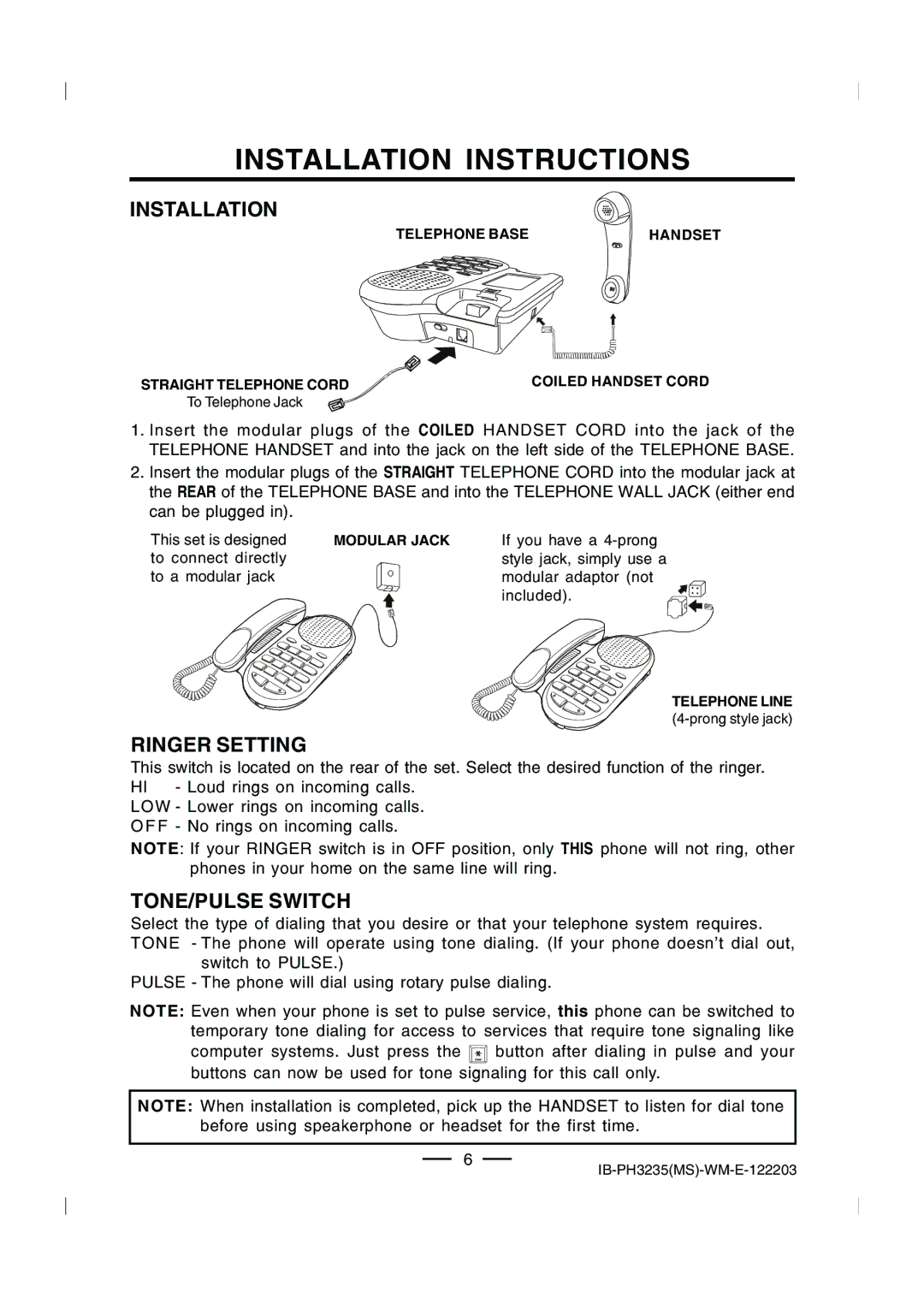 Lenoxx Electronics PH-3235 operating instructions Installation, Ringer Setting, TONE/PULSE Switch 