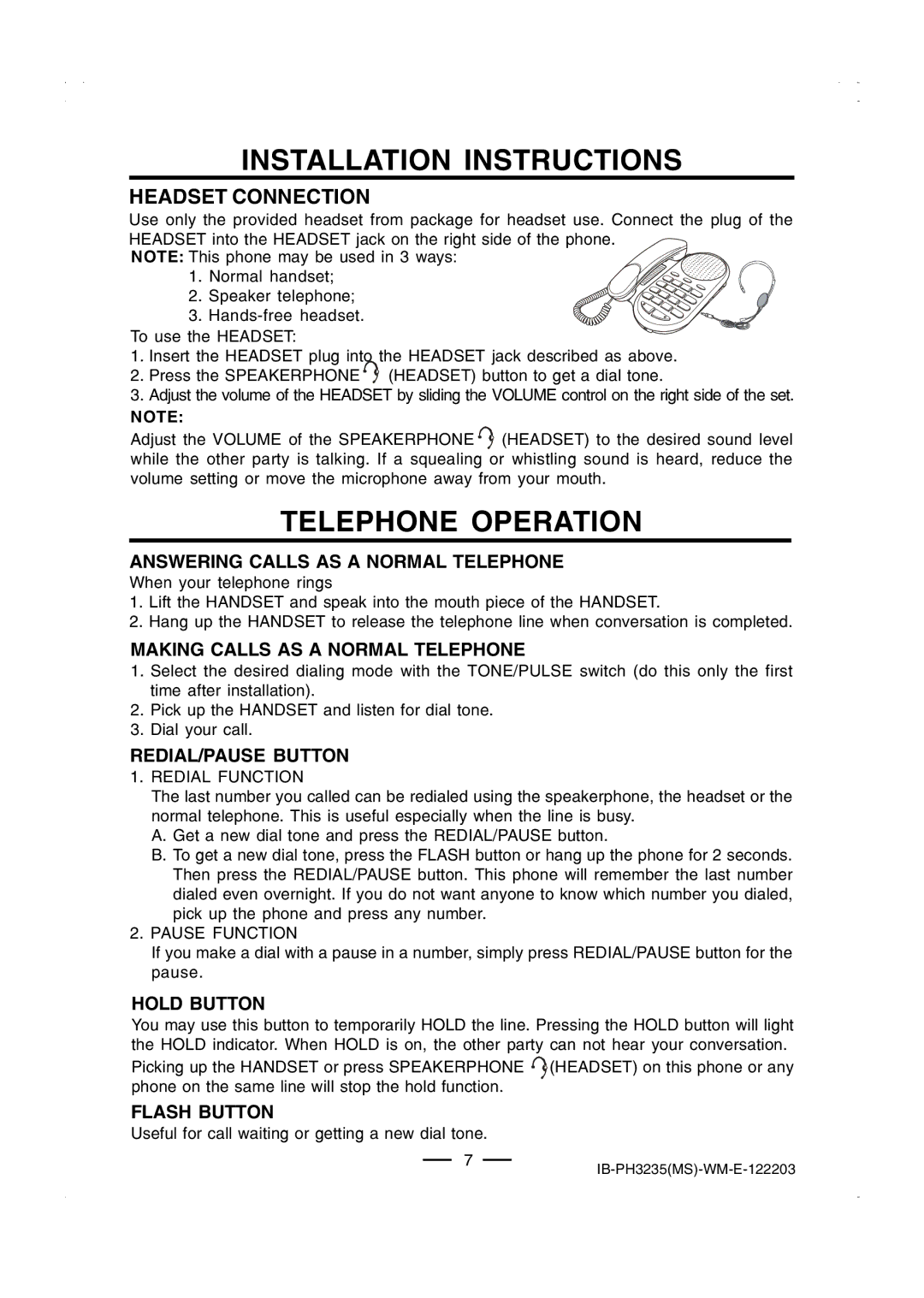 Lenoxx Electronics PH-3235 operating instructions Telephone Operation, Headset Connection, Redial Function, Pause Function 