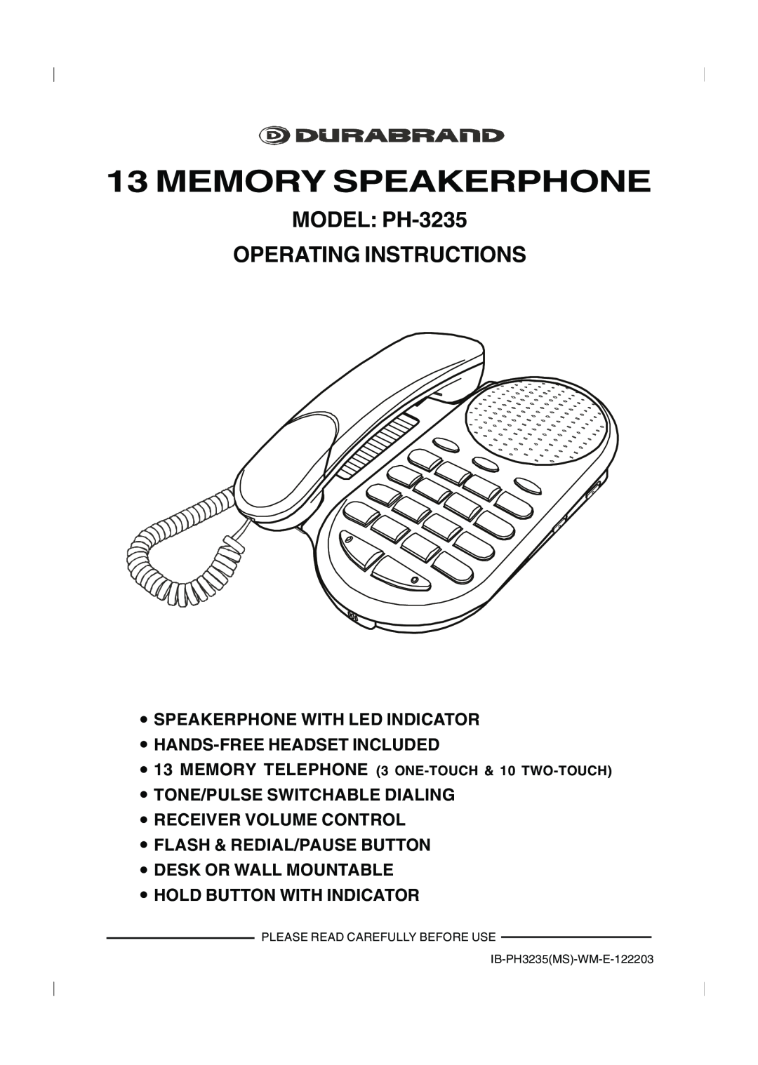 Lenoxx Electronics PH-3235 operating instructions Speakerphone With Led Indicator Hands-Free Headset Included 