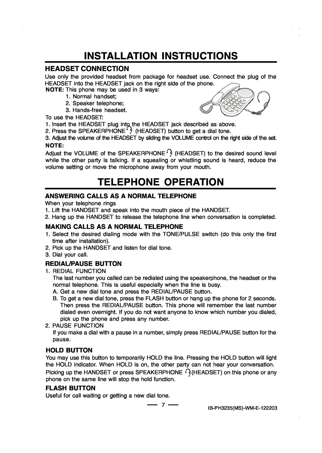 Lenoxx Electronics PH-3235 Telephone Operation, Headset Connection, Installation Instructions, Redial/Pause Button 