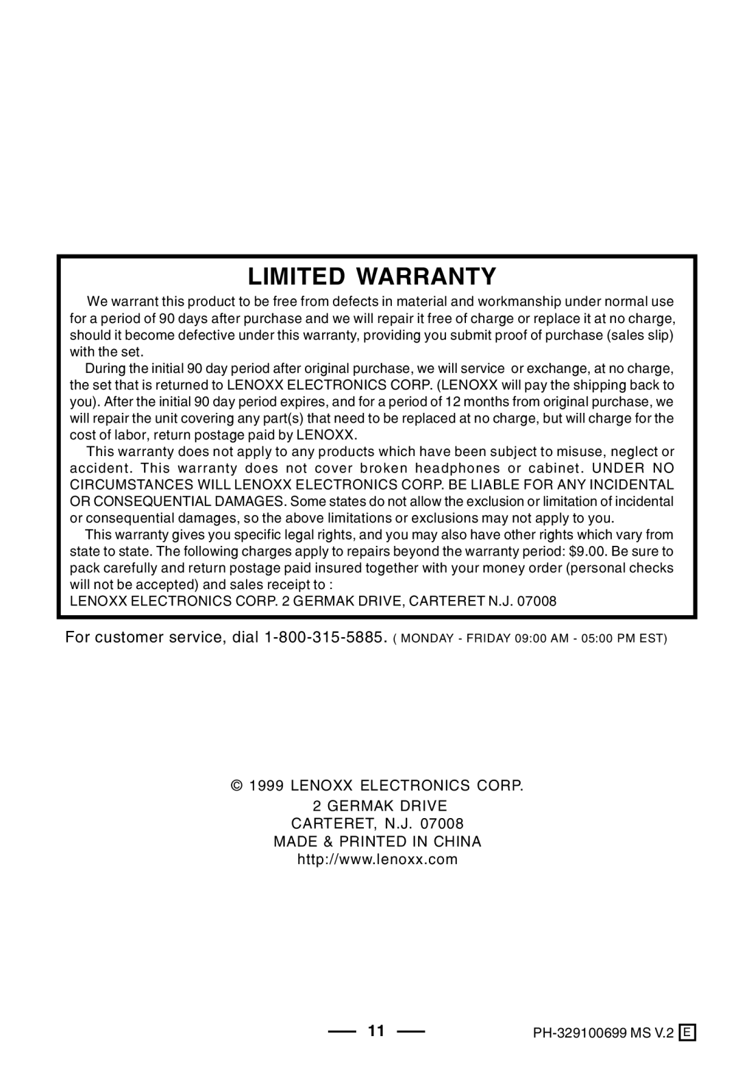 Lenoxx Electronics PH-329 operating instructions Limited Warranty 