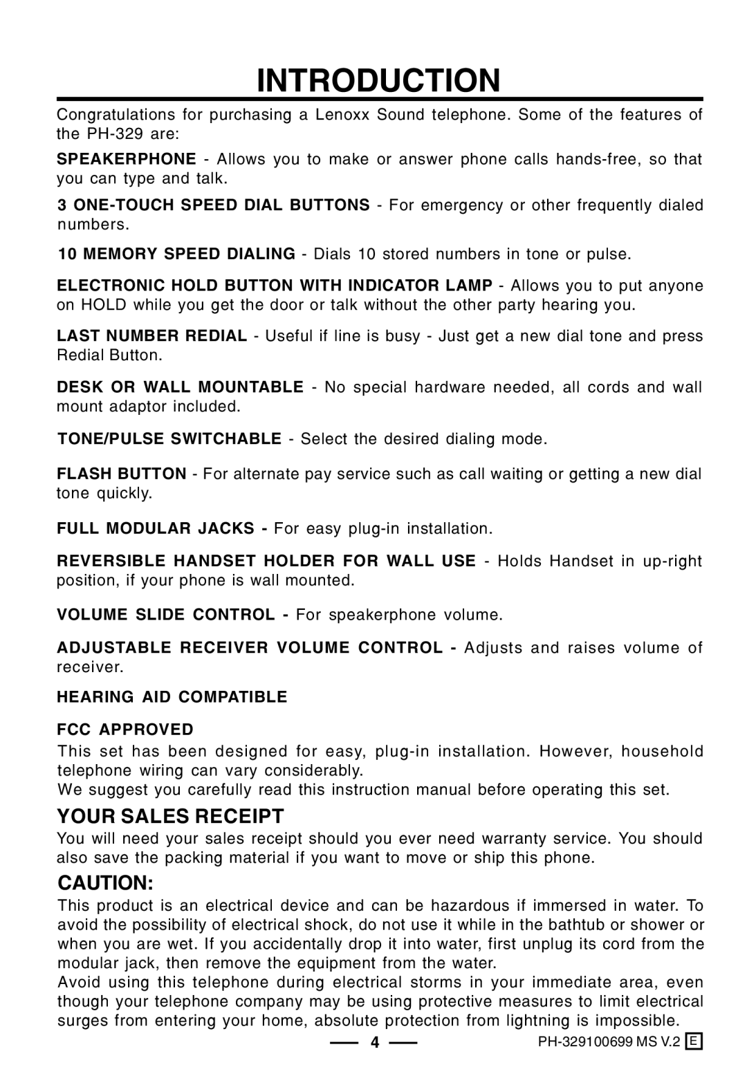 Lenoxx Electronics PH-329 operating instructions Your Sales Receipt, Hearing AID Compatible FCC Approved 