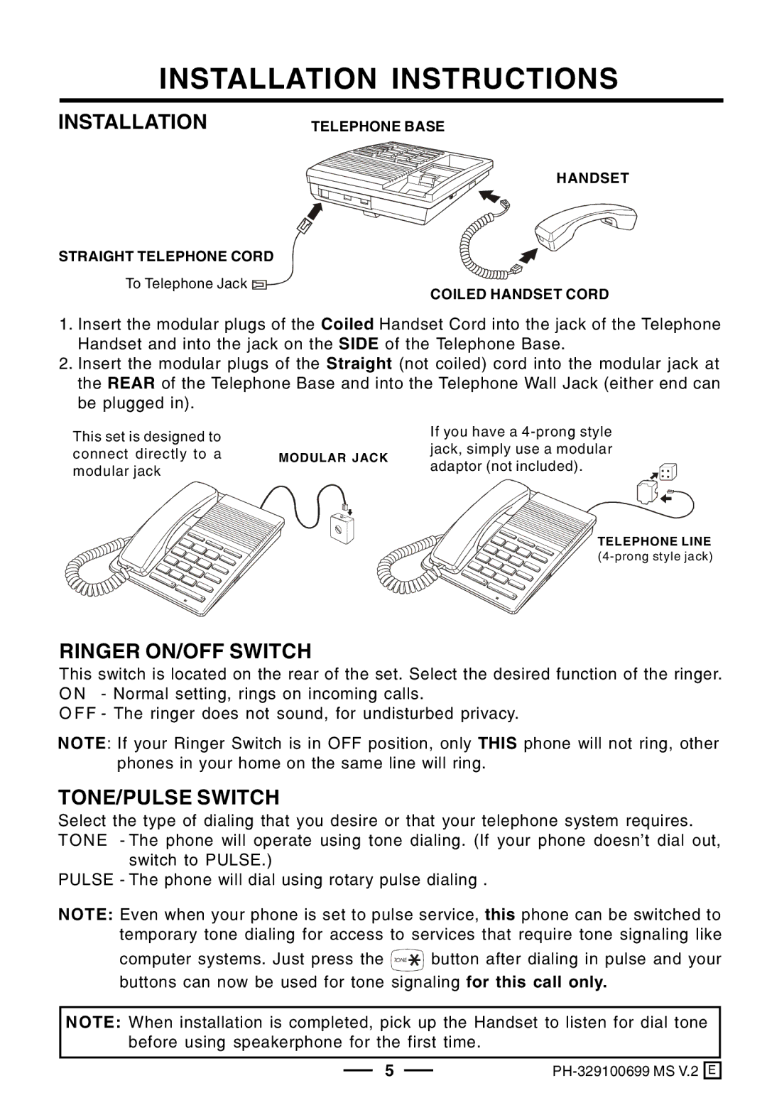 Lenoxx Electronics PH-329 operating instructions Installation Instructions, Ringer ON/OFF Switch, TONE/PULSE Switch 