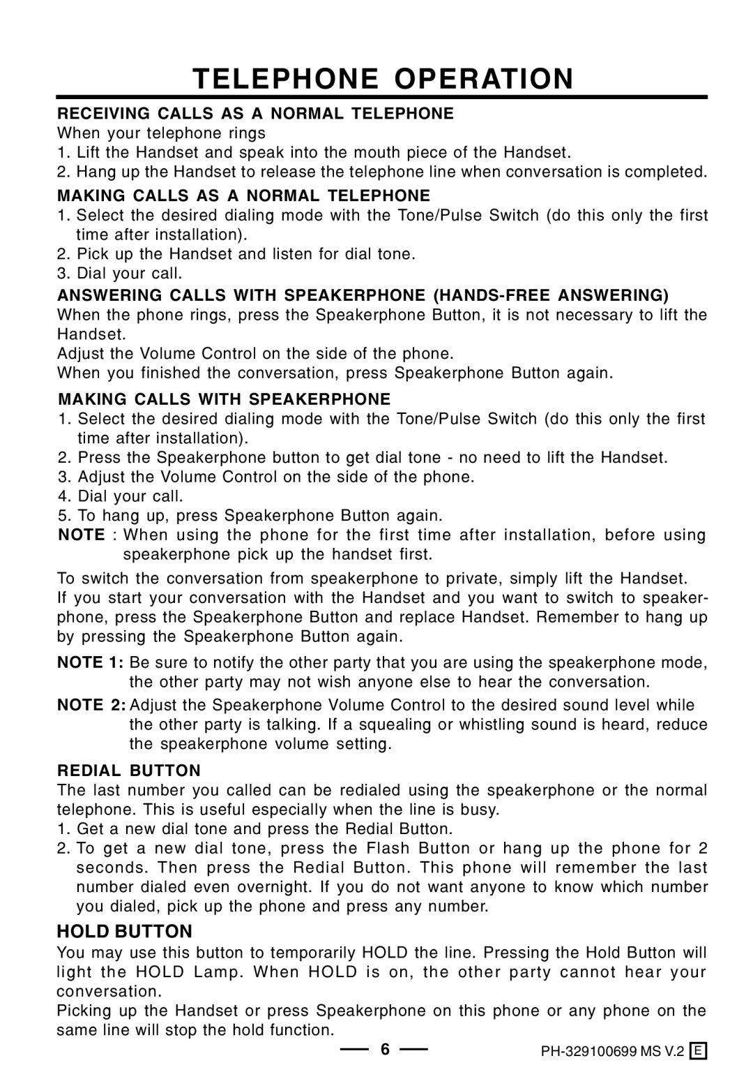 Lenoxx Electronics PH-329 Telephone Operation, Receiving Calls AS a Normal Telephone, Making Calls AS a Normal Telephone 