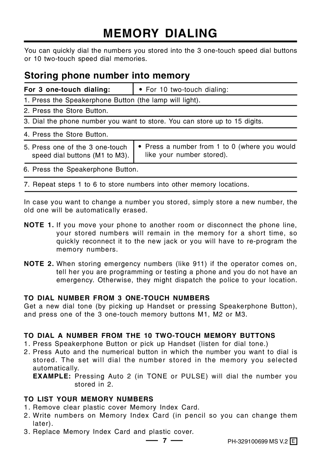 Lenoxx Electronics PH-329 Memory Dialing, To Dial Number from 3 ONE-TOUCH Numbers, To List Your Memory Numbers 