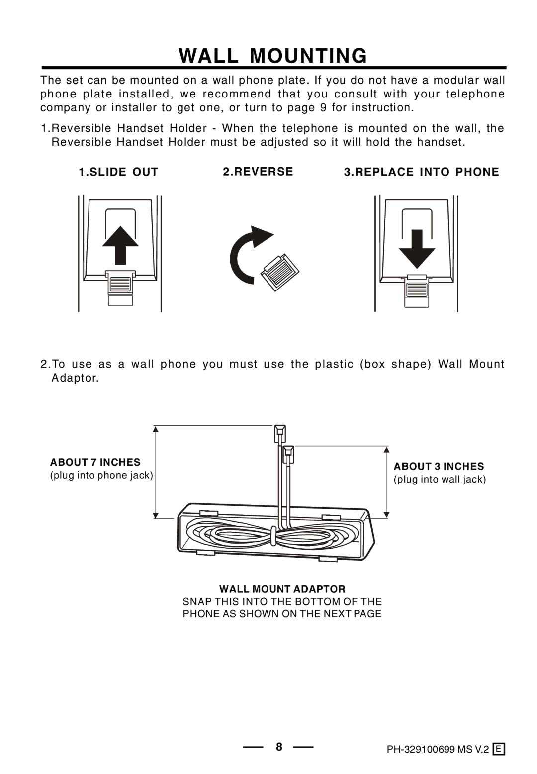 Lenoxx Electronics PH-329 operating instructions Wall Mounting, Slide OUT Reverse Replace Into Phone 