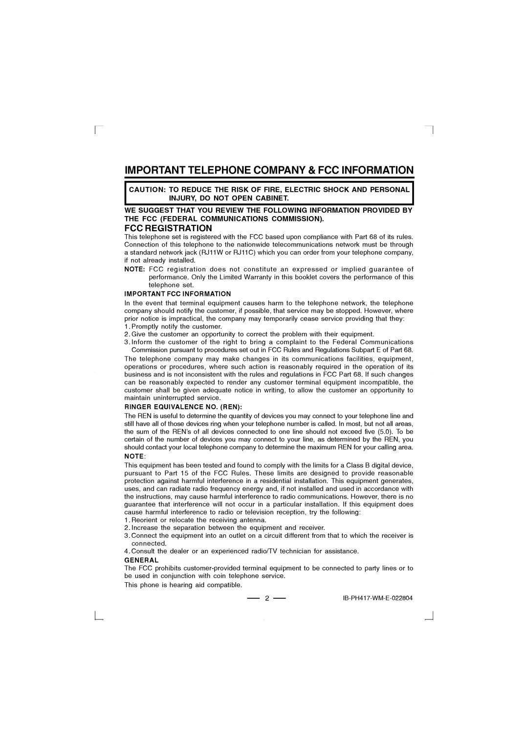 Lenoxx Electronics PH-417 operating instructions Important Telephone Company & FCC Information, FCC Registration 