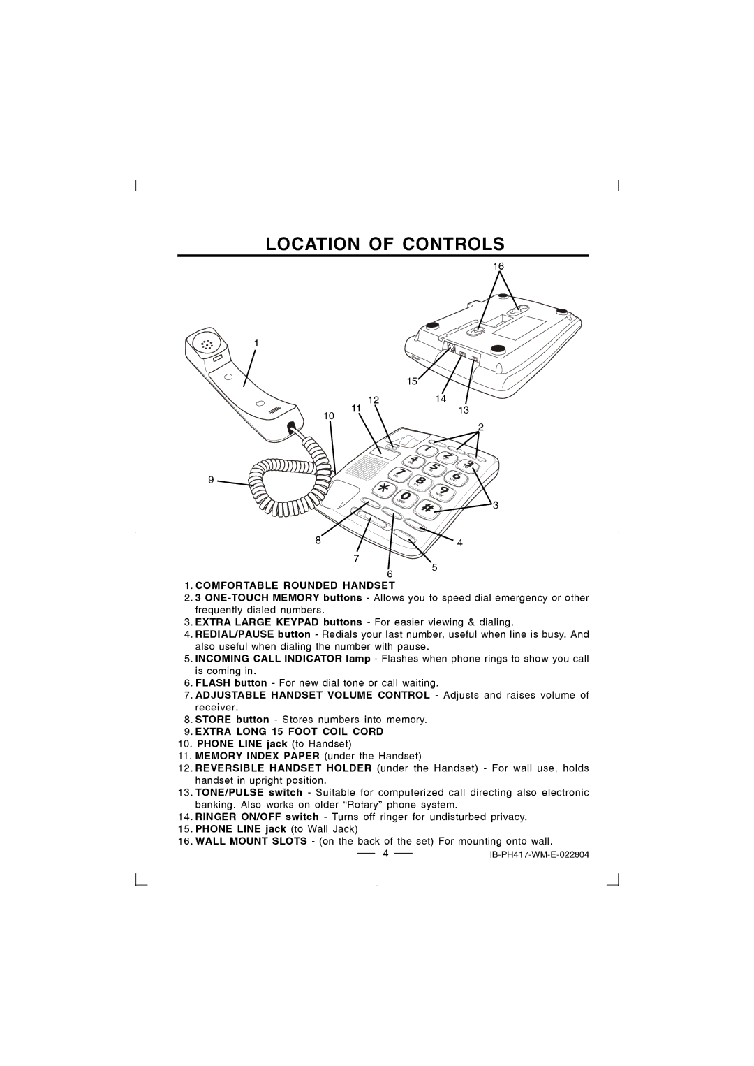 Lenoxx Electronics PH-417 Location of Controls, Comfortable Rounded Handset, Extra Long 15 Foot Coil Cord 