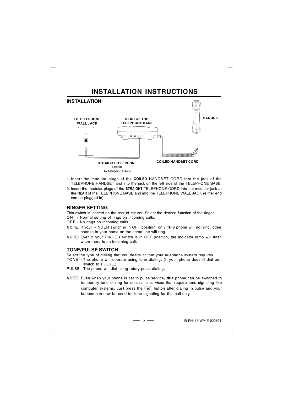 Lenoxx Electronics PH-417 operating instructions Installation Instructions, Ringer Setting, TONE/PULSE Switch 