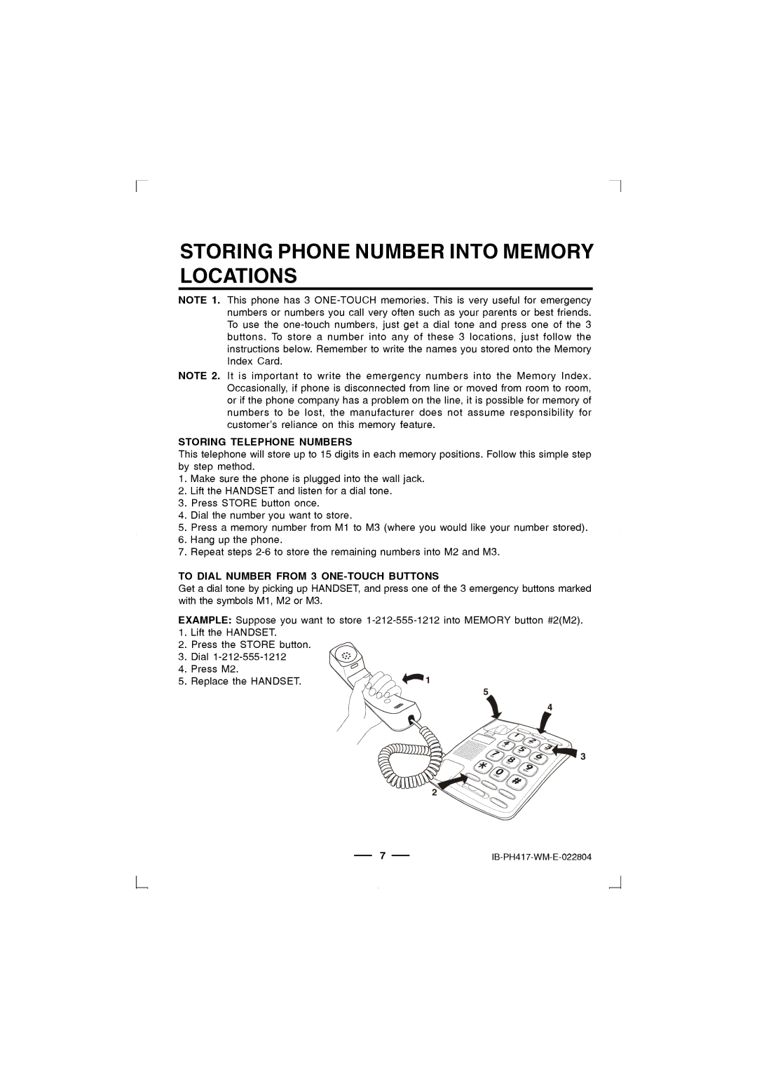 Lenoxx Electronics PH-417 operating instructions Storing Telephone Numbers, To Dial Number from 3 ONE-TOUCH Buttons 