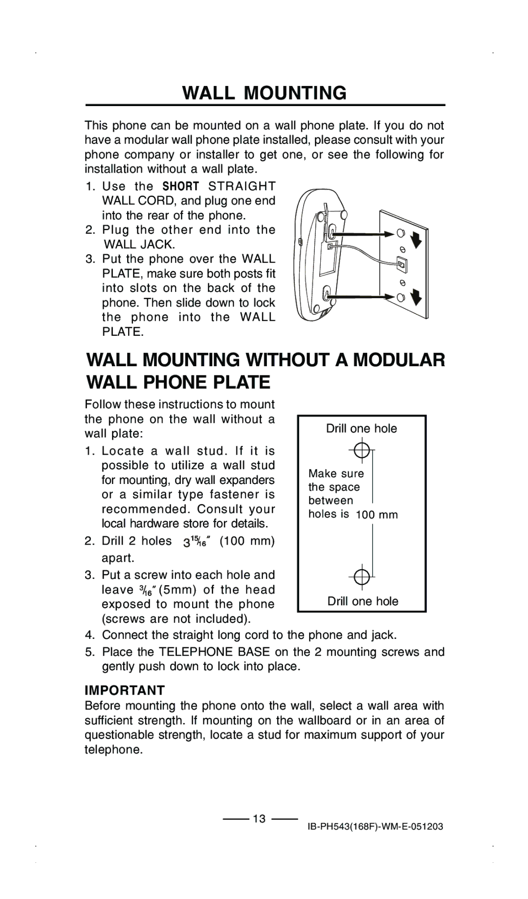 Lenoxx Electronics PH-543 operating instructions Wall Mounting Without a Modular Wall Phone Plate 