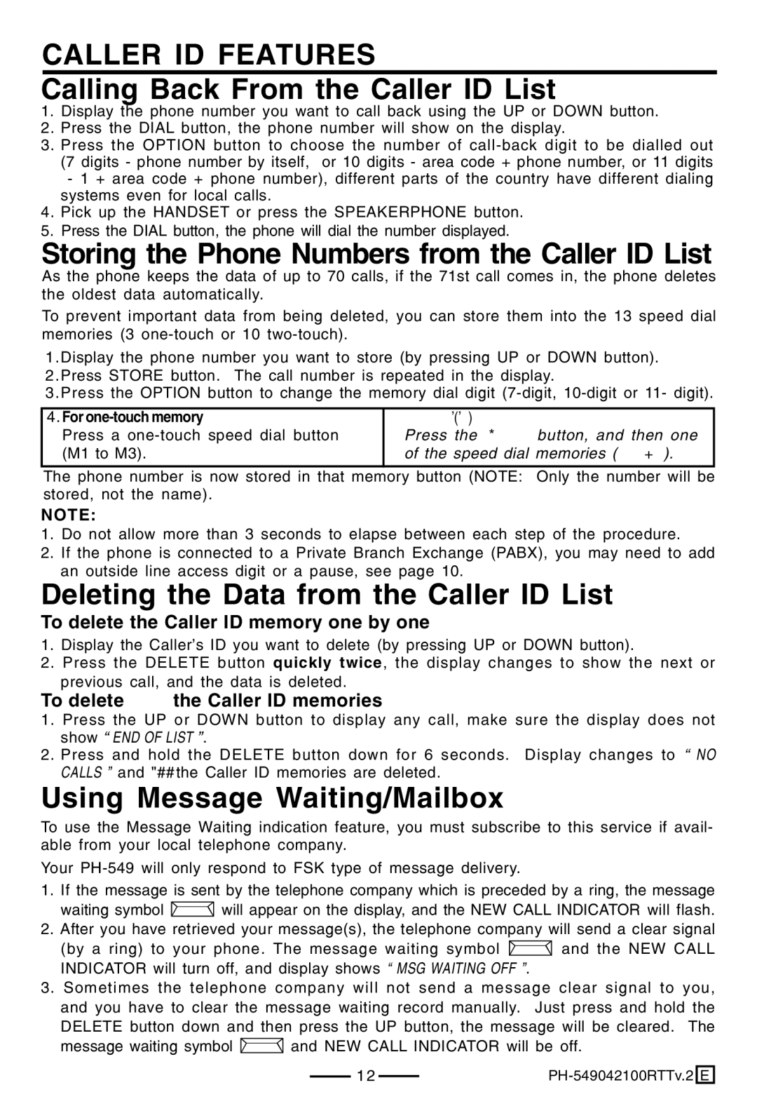 Lenoxx Electronics PH-549 Caller ID Features, Calling Back From the Caller ID List, Using Message Waiting/Mailbox 