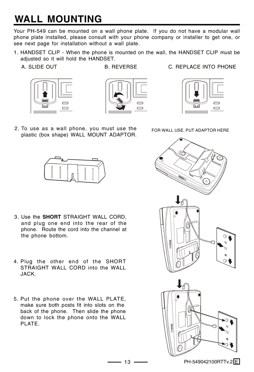 Lenoxx Electronics PH-549 operating instructions Wall Mounting, Slide OUT Reverse Replace Into Phone 