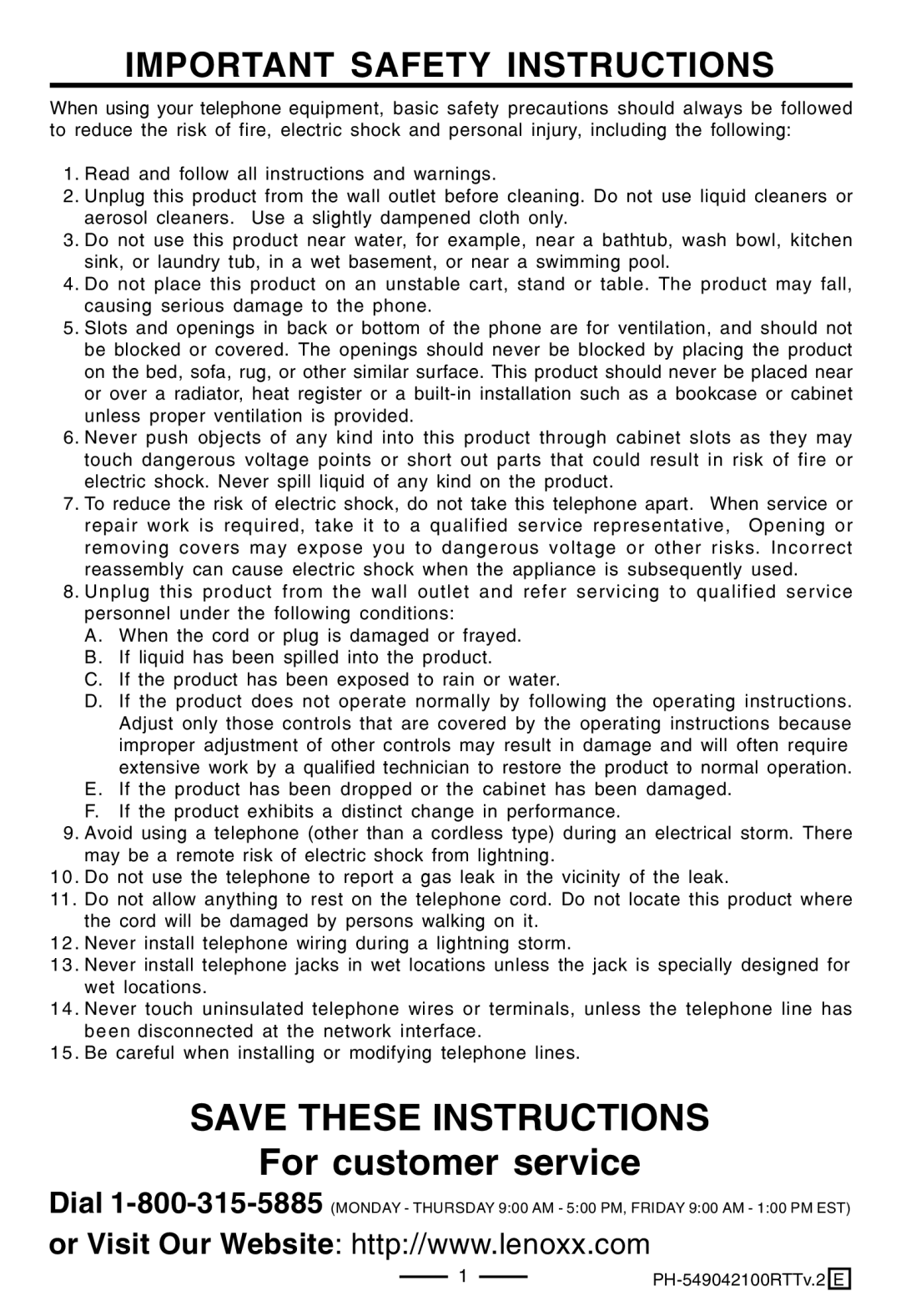 Lenoxx Electronics PH-549 operating instructions For customer service, Important Safety Instructions 