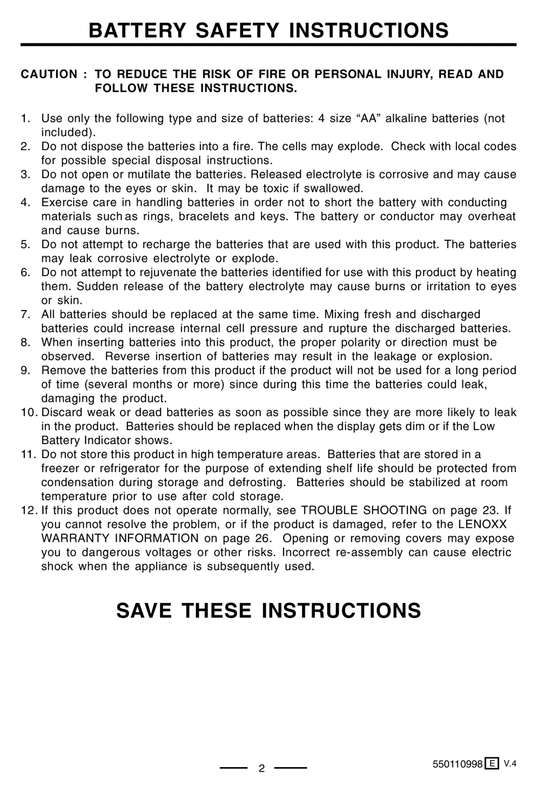 Lenoxx Electronics PH-550 operating instructions Battery Safety Instructions 