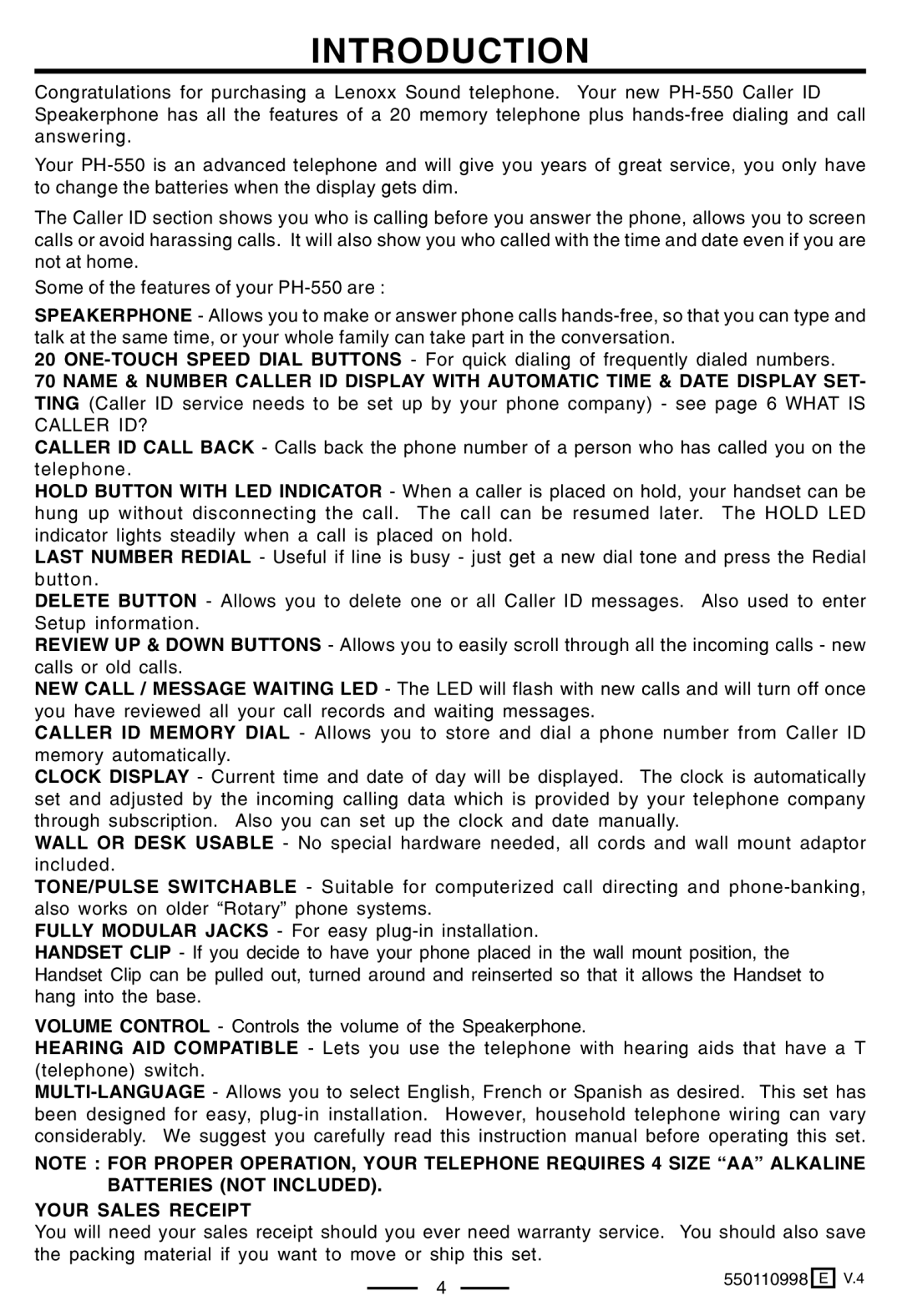 Lenoxx Electronics PH-550 operating instructions Introduction, Your Sales Receipt 