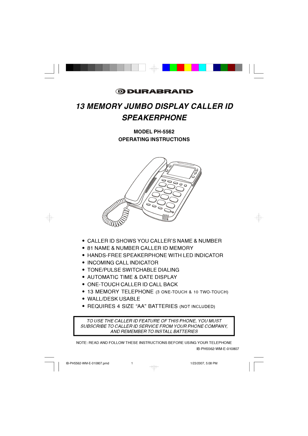 Lenoxx Electronics PH-5562 operating instructions Memory Jumbo Display Caller ID Speakerphone 