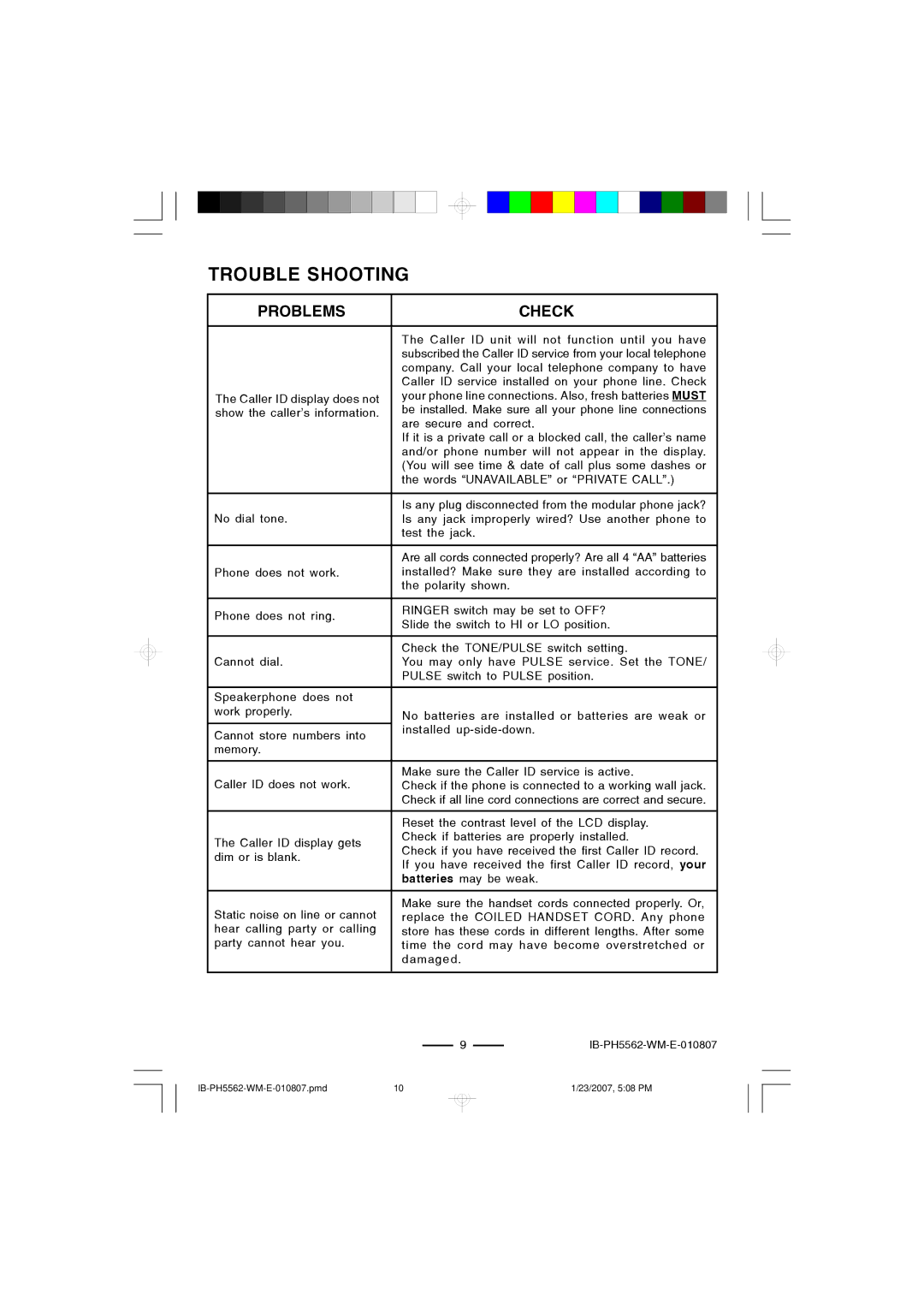 Lenoxx Electronics PH-5562 operating instructions Problems, Check 