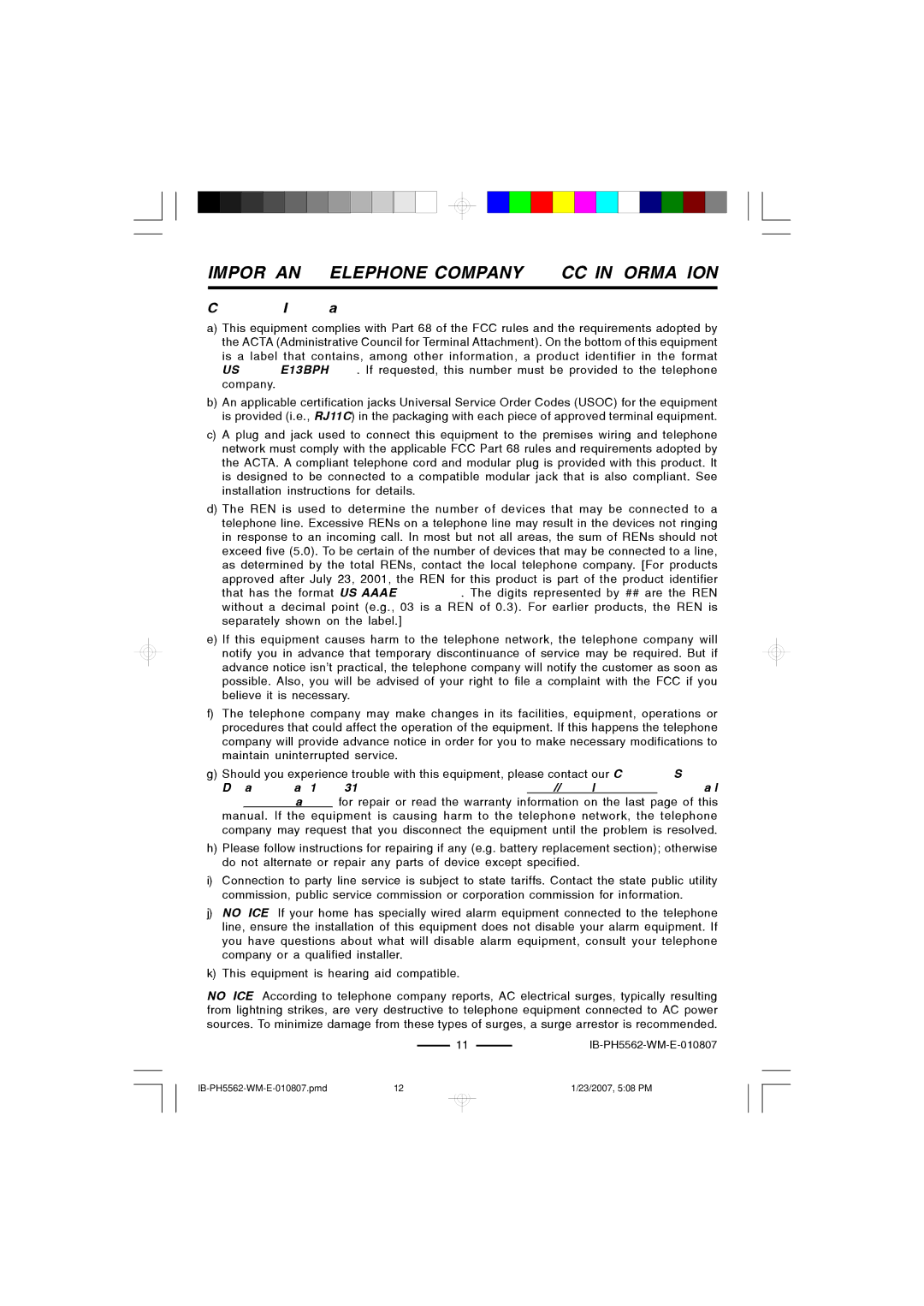 Lenoxx Electronics PH-5562 operating instructions Important Telephone Company & FCC Information 