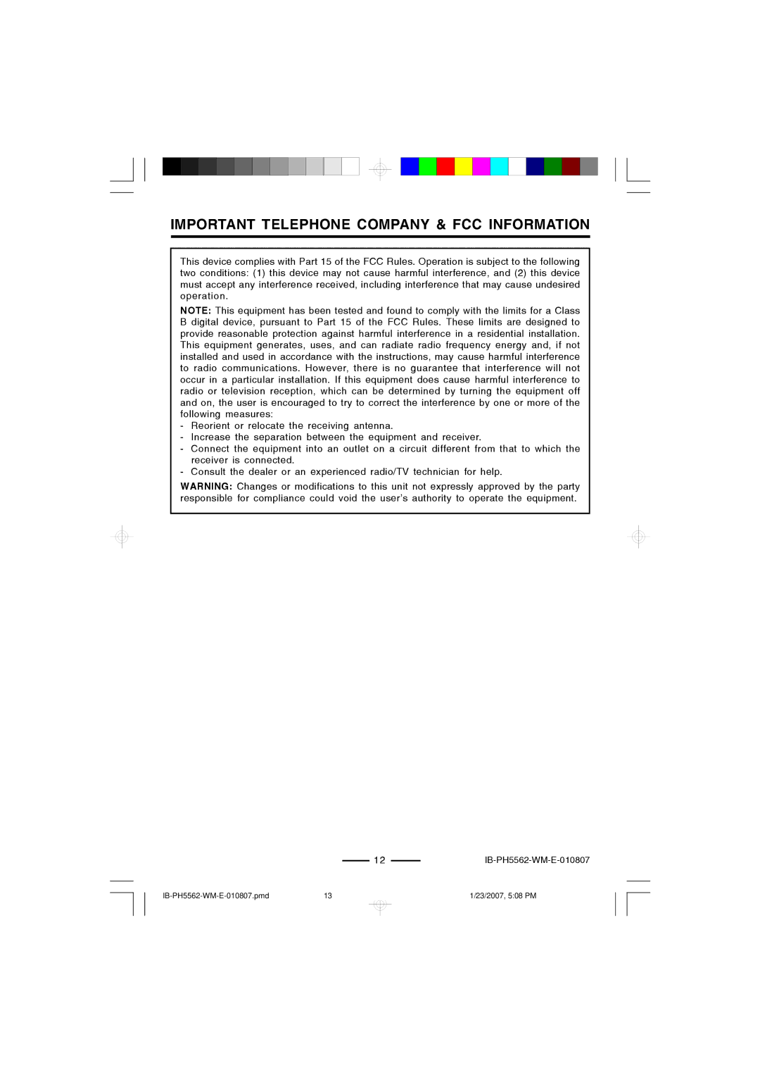 Lenoxx Electronics PH-5562 operating instructions 12IB-PH5562-WM-E-010807 