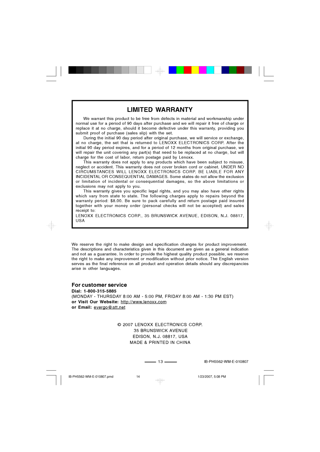 Lenoxx Electronics PH-5562 operating instructions Limited Warranty 