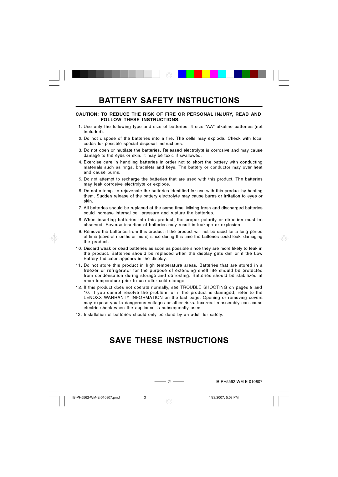 Lenoxx Electronics PH-5562 operating instructions Battery Safety Instructions 