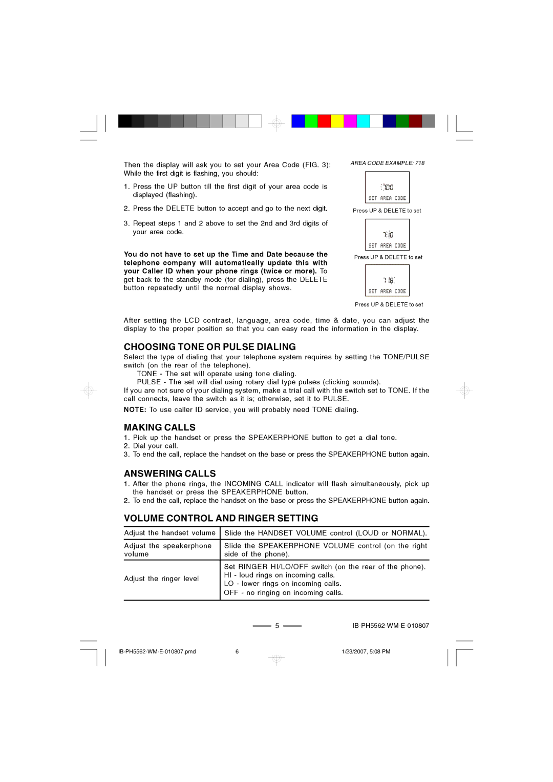 Lenoxx Electronics PH-5562 operating instructions Choosing Tone or Pulse Dialing, Making Calls, Answering Calls 