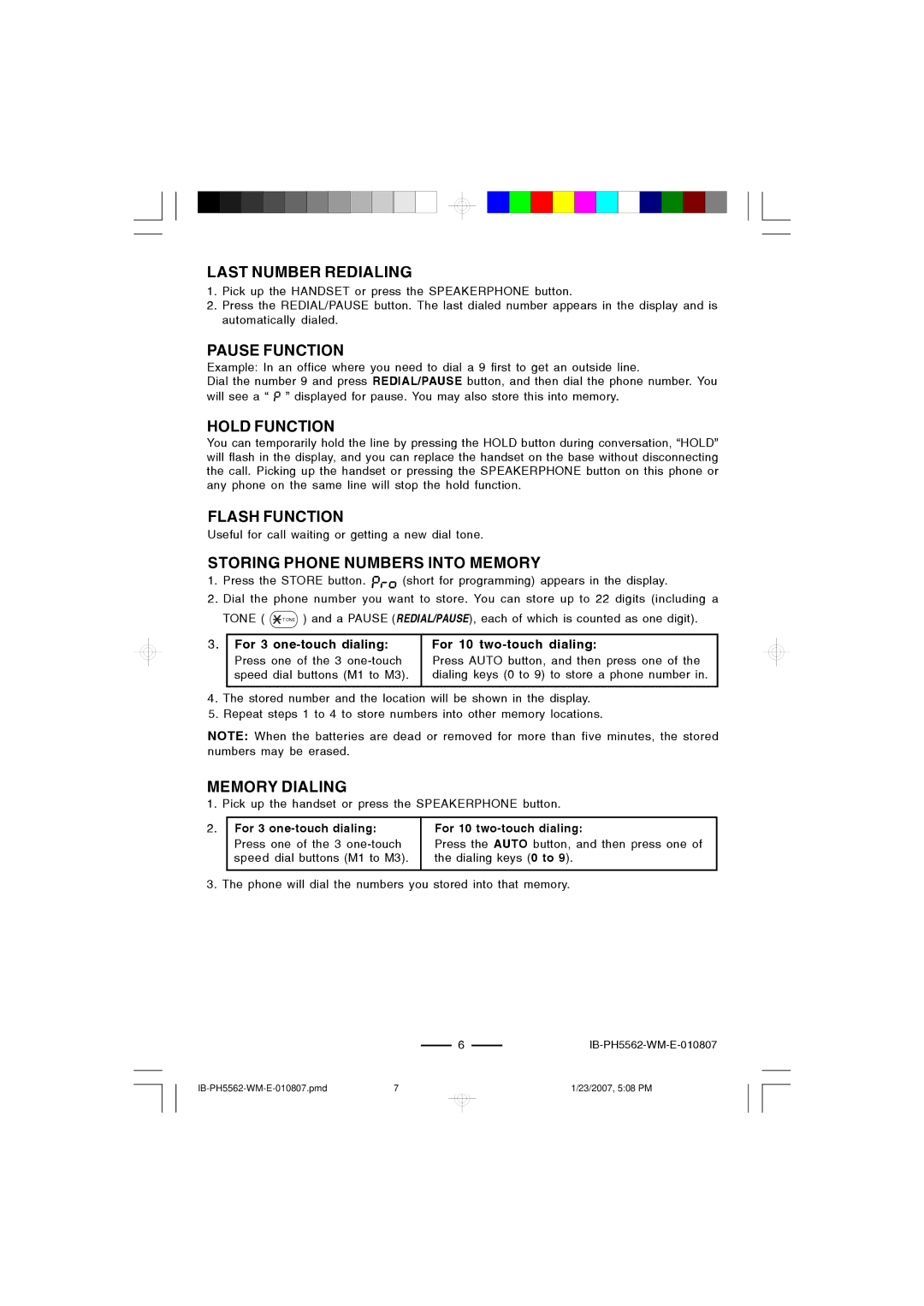 Lenoxx Electronics PH-5562 Last Number Redialing, Pause Function, Hold Function, Flash Function, Memory Dialing 